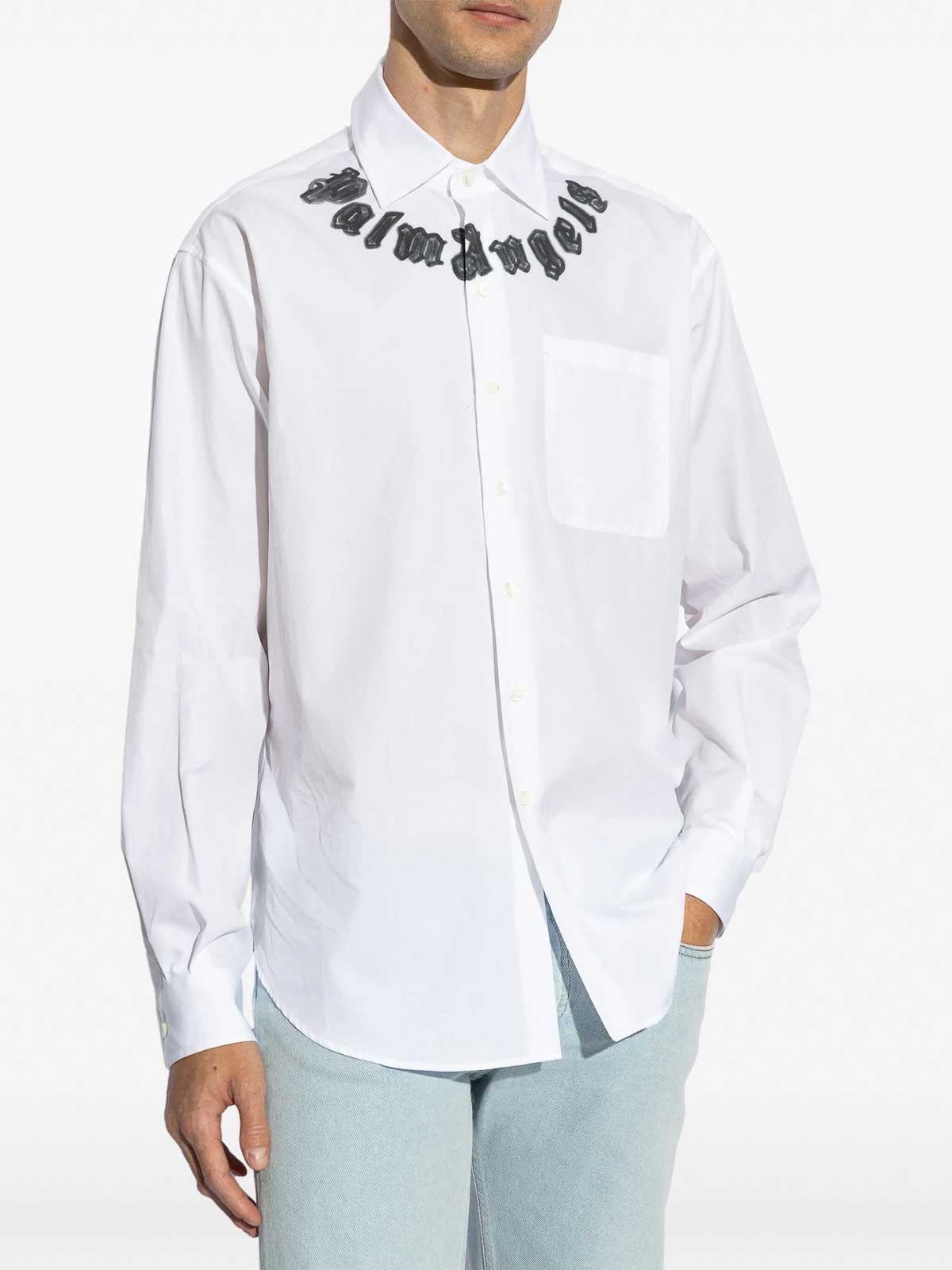 Shop Palm Angels Neck Logo Classic Shirt L/s In White