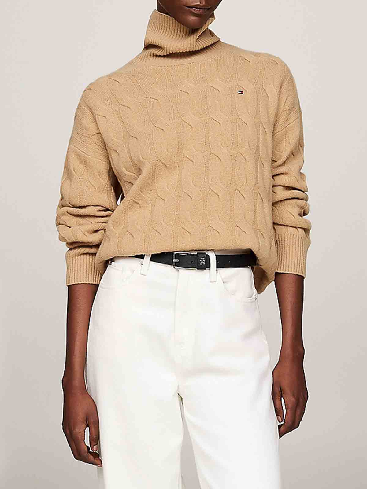 Shop Tommy Hilfiger Soft Wool Cable Roll-neck Sweater In Beige