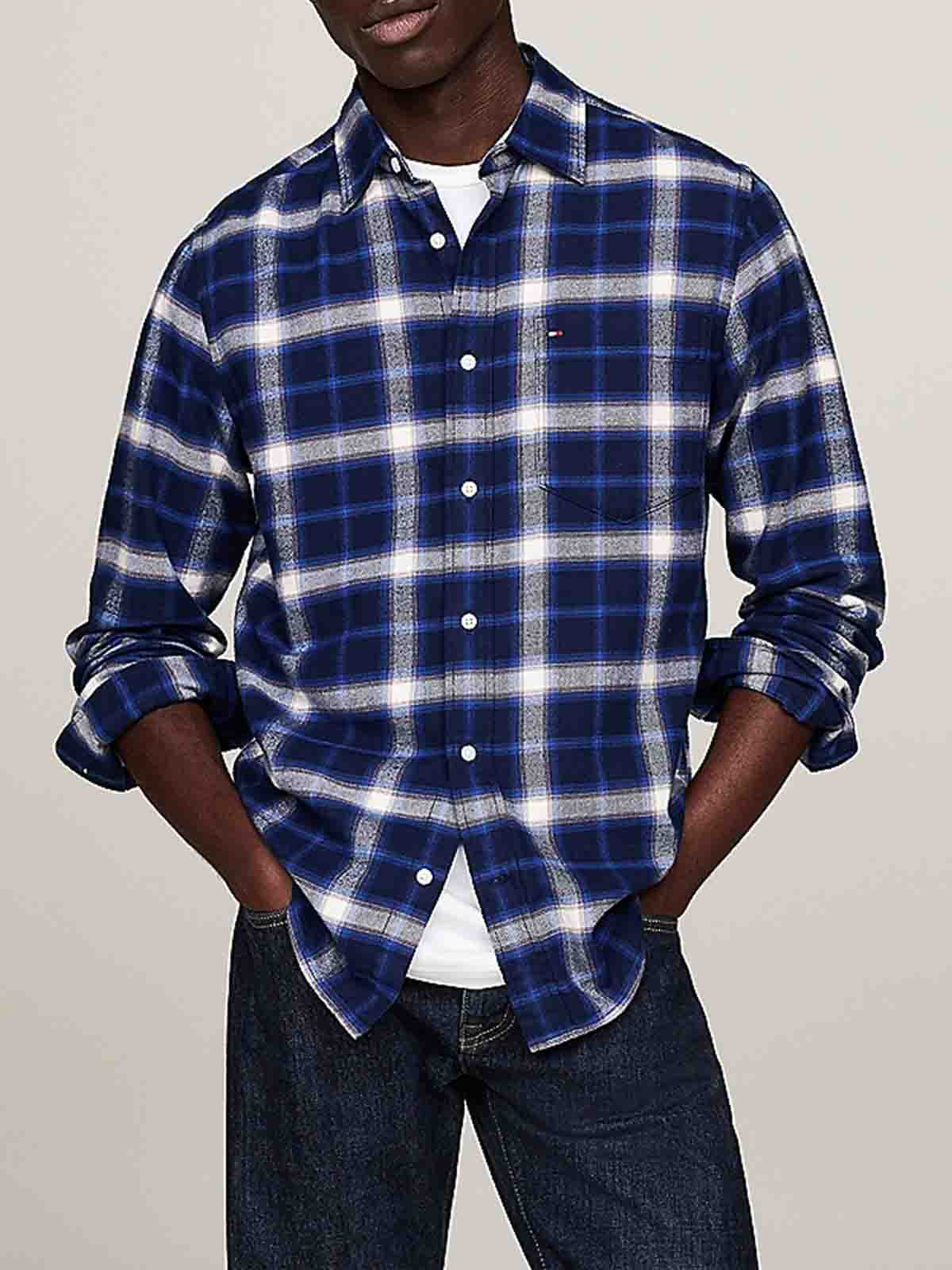 Shop Tommy Hilfiger Brushed Shadow Check Shirt In Blue