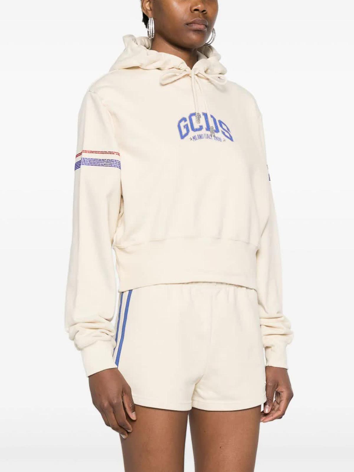 Shop Gcds Logo Cropped Hoodie In Cream