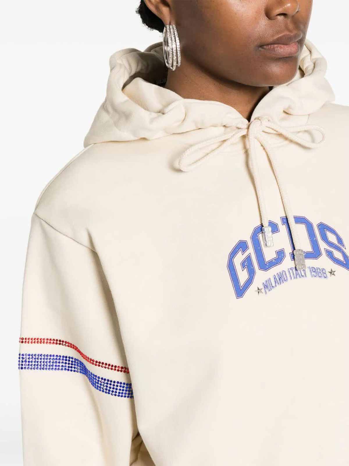 Shop Gcds Logo Cropped Hoodie In Cream