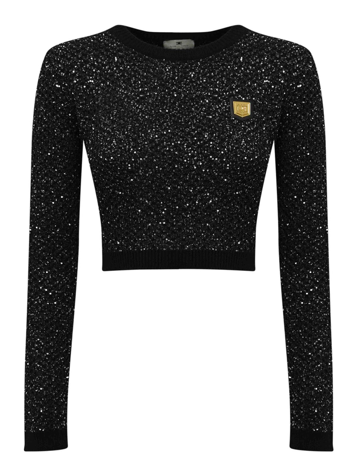 Elisabetta Franchi Wool Crop Top With Sequins In Black