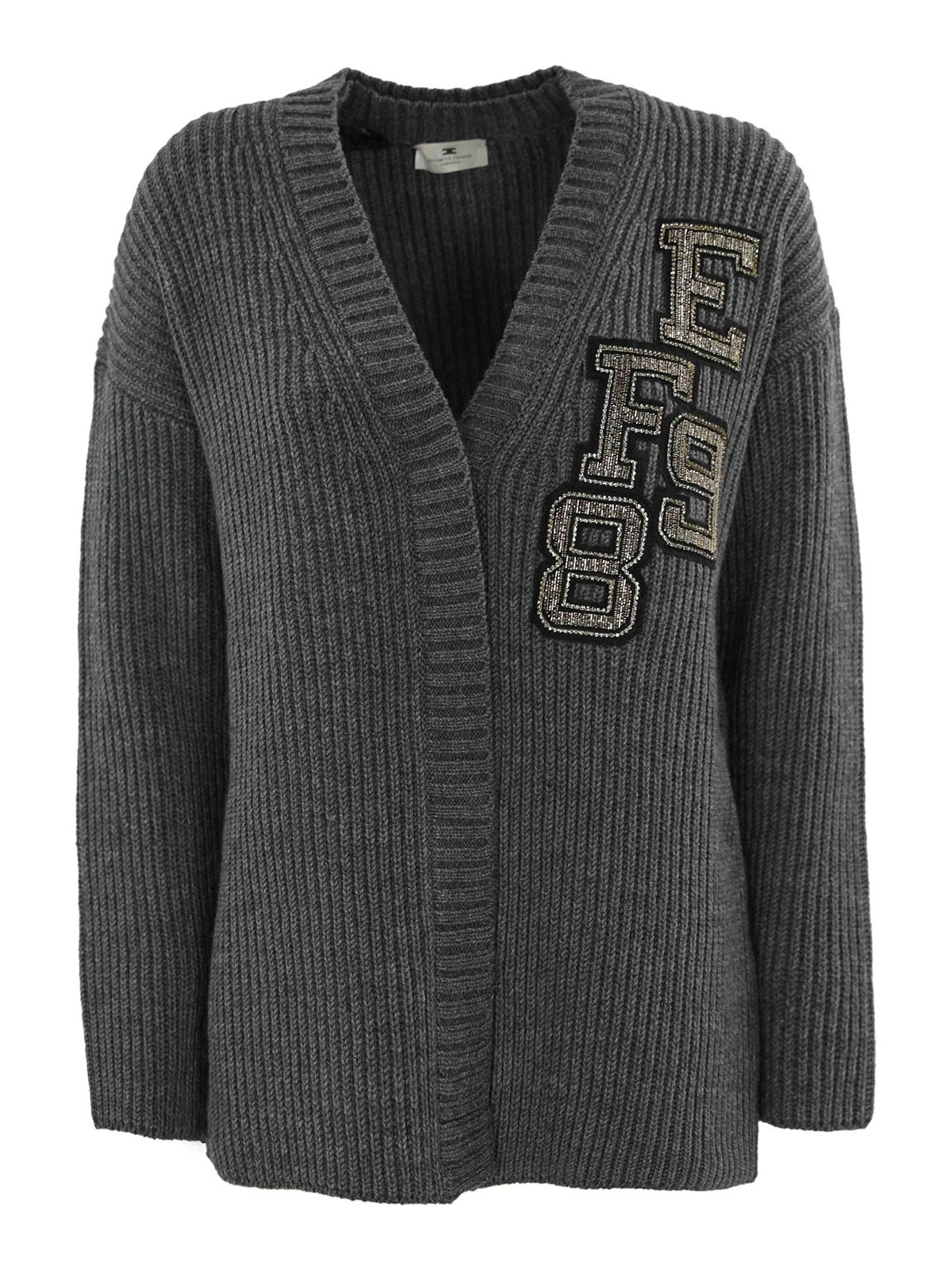 Elisabetta Franchi Wool Cardigan With Logo Patch In Grey