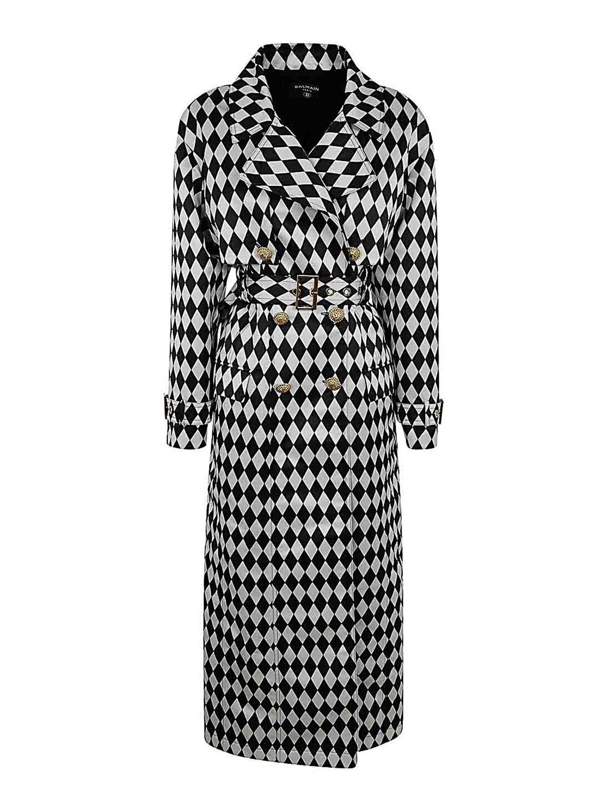 Shop Balmain Buttoned Diamond Print Belted Trench In White