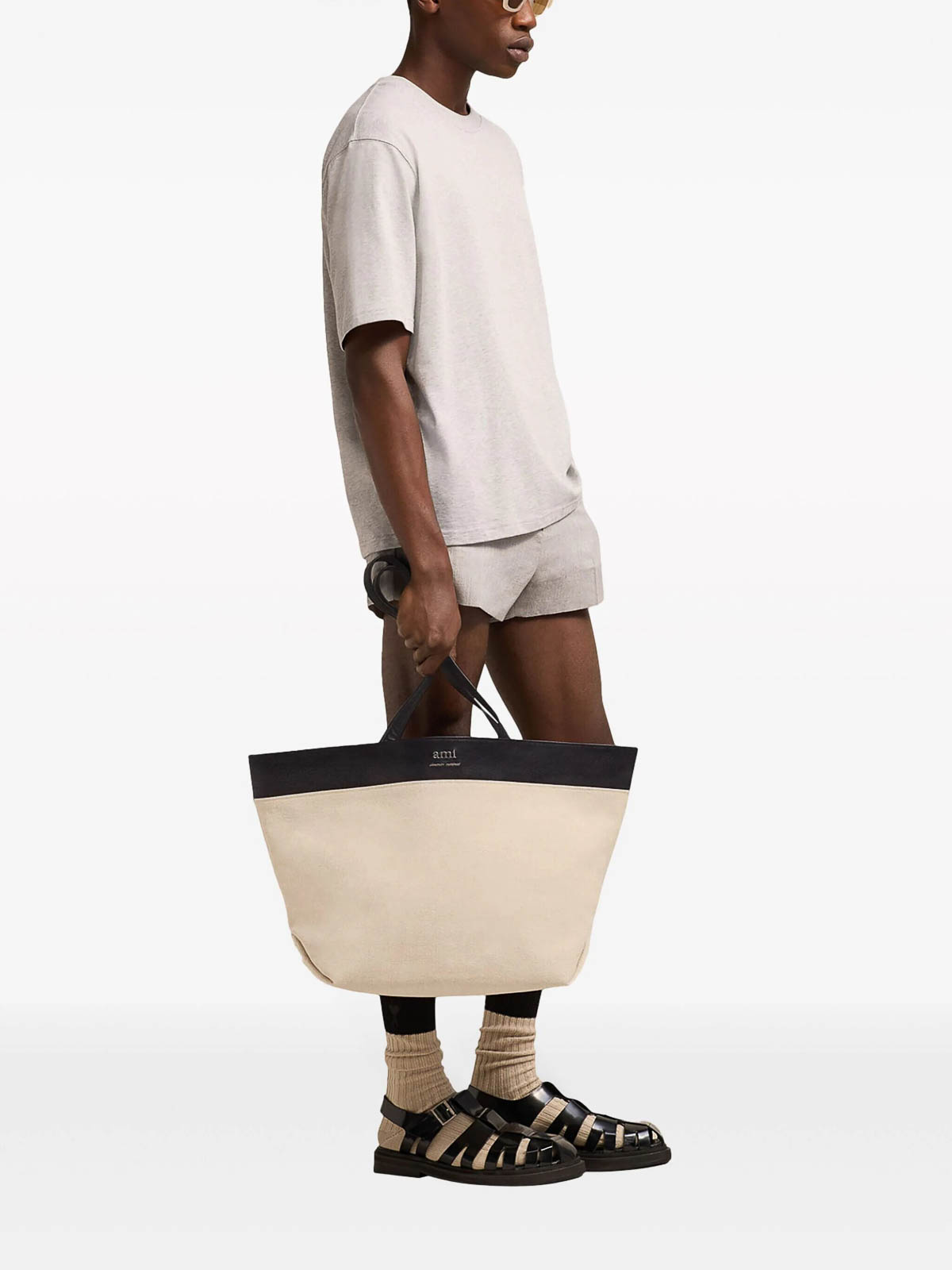 Ami Alexandre Mattiussi East West Ami Canvas Shopping Bag In Beige