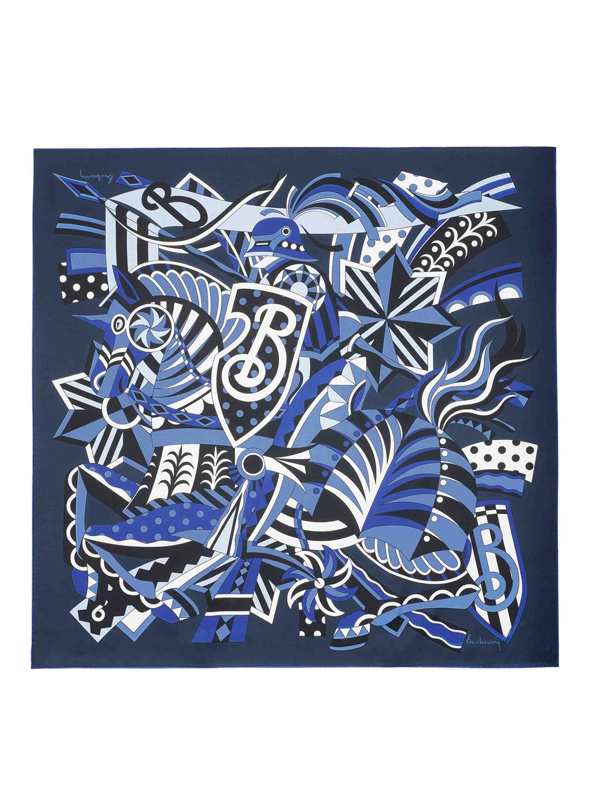 Burberry Silk Scarf With Ekd Carousel Style In Dark Wash
