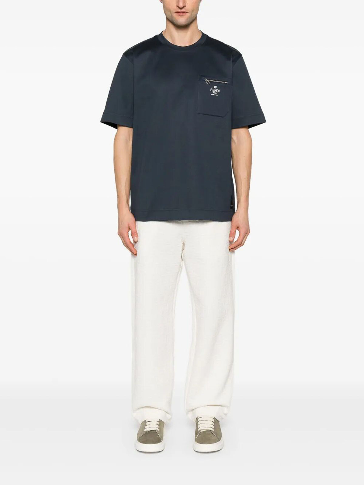 Fendi Crew-neck T-shirt With Zip Pocket In Blue