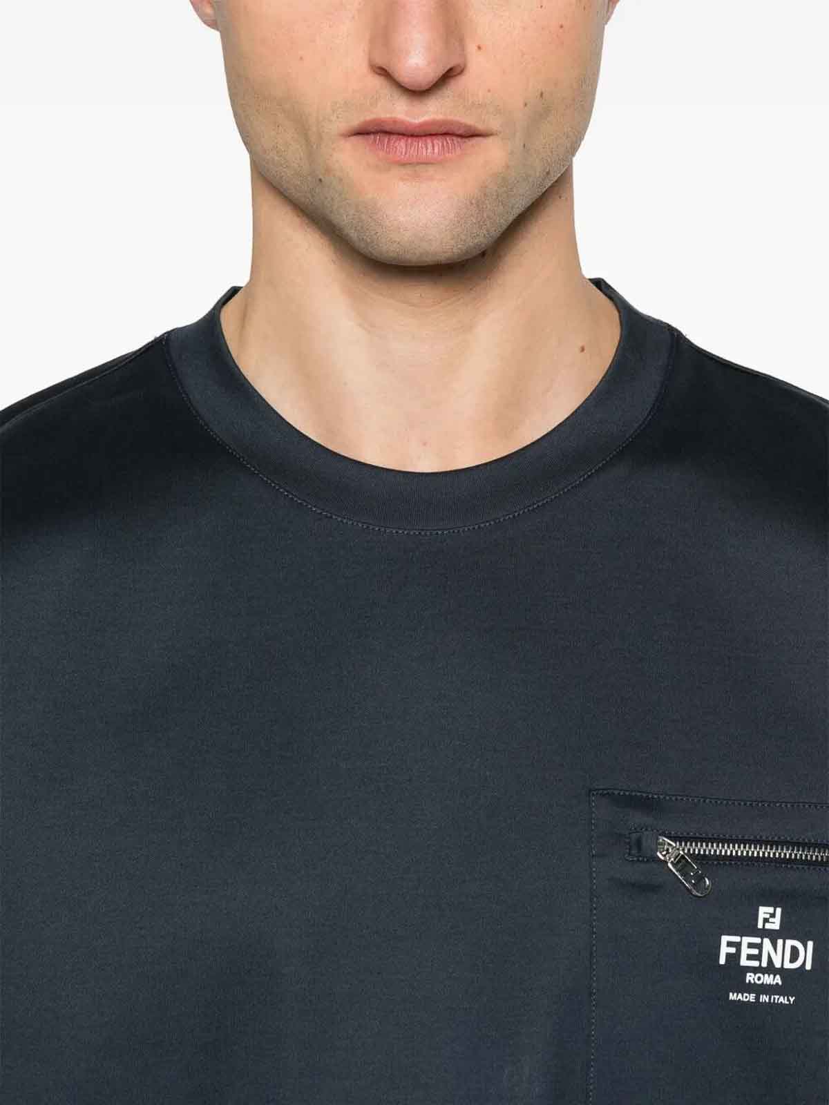Fendi Crew-neck T-shirt With Zip Pocket In Blue