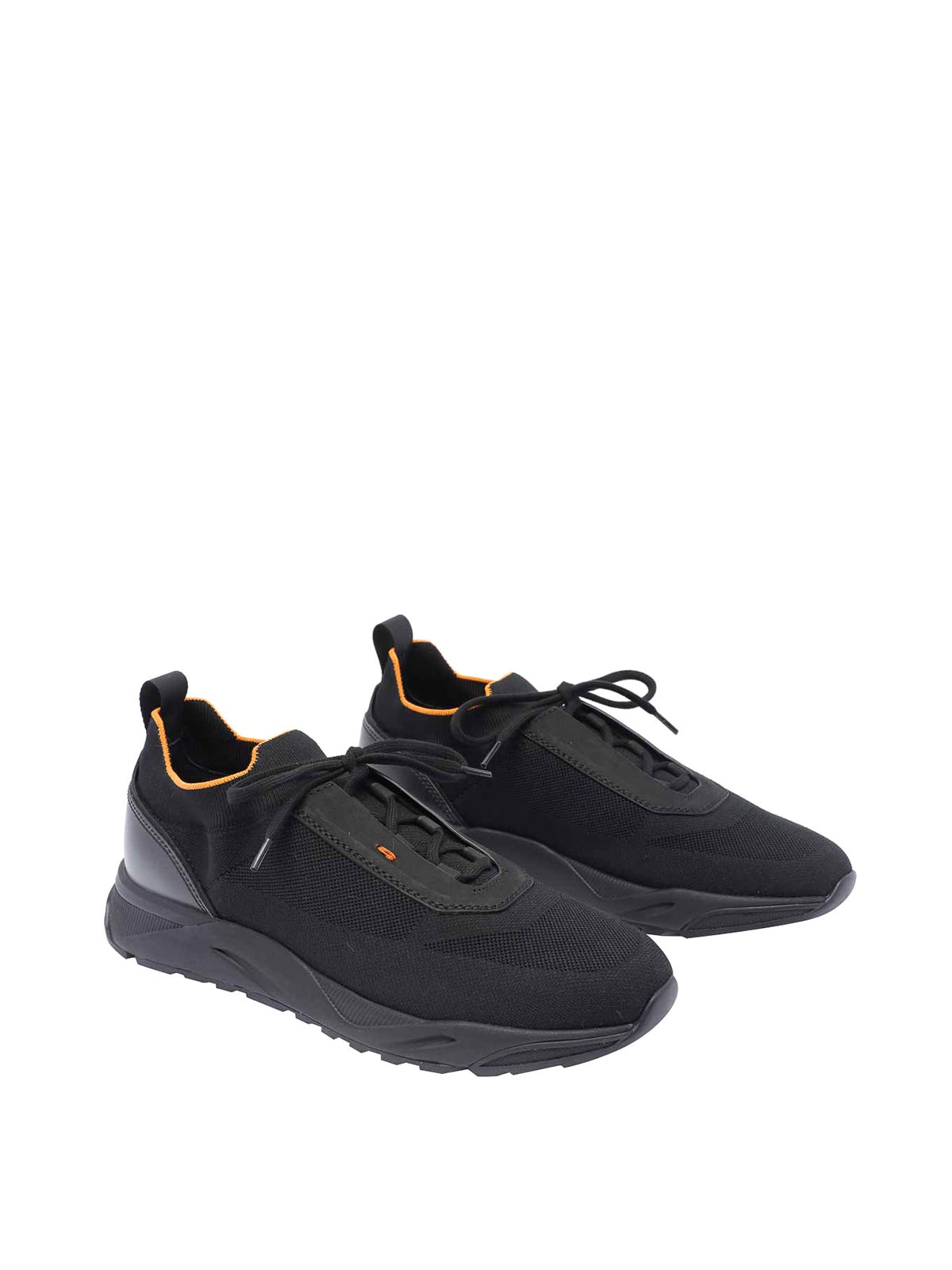 Santoni Lace-up Leather And Fabric Sneakers In Black