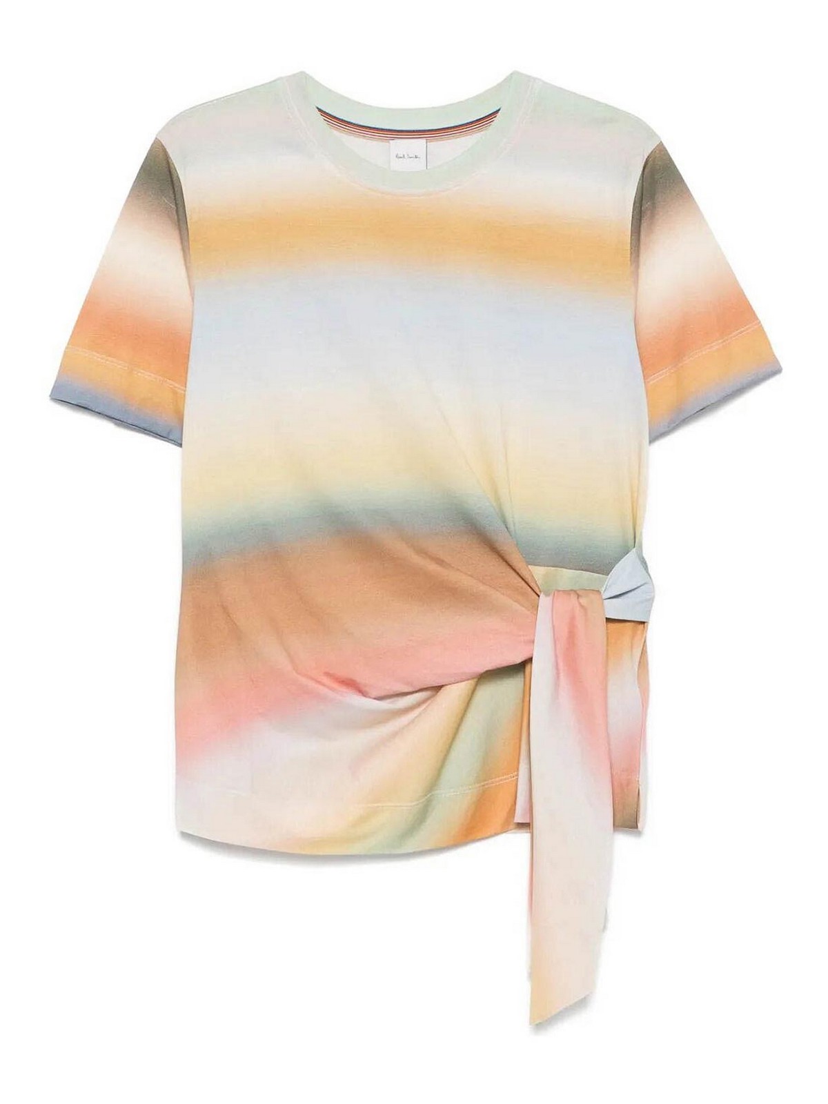 Paul Smith Crew Neck Striped Cotton T-shirt With Tie Detail In Multicolour