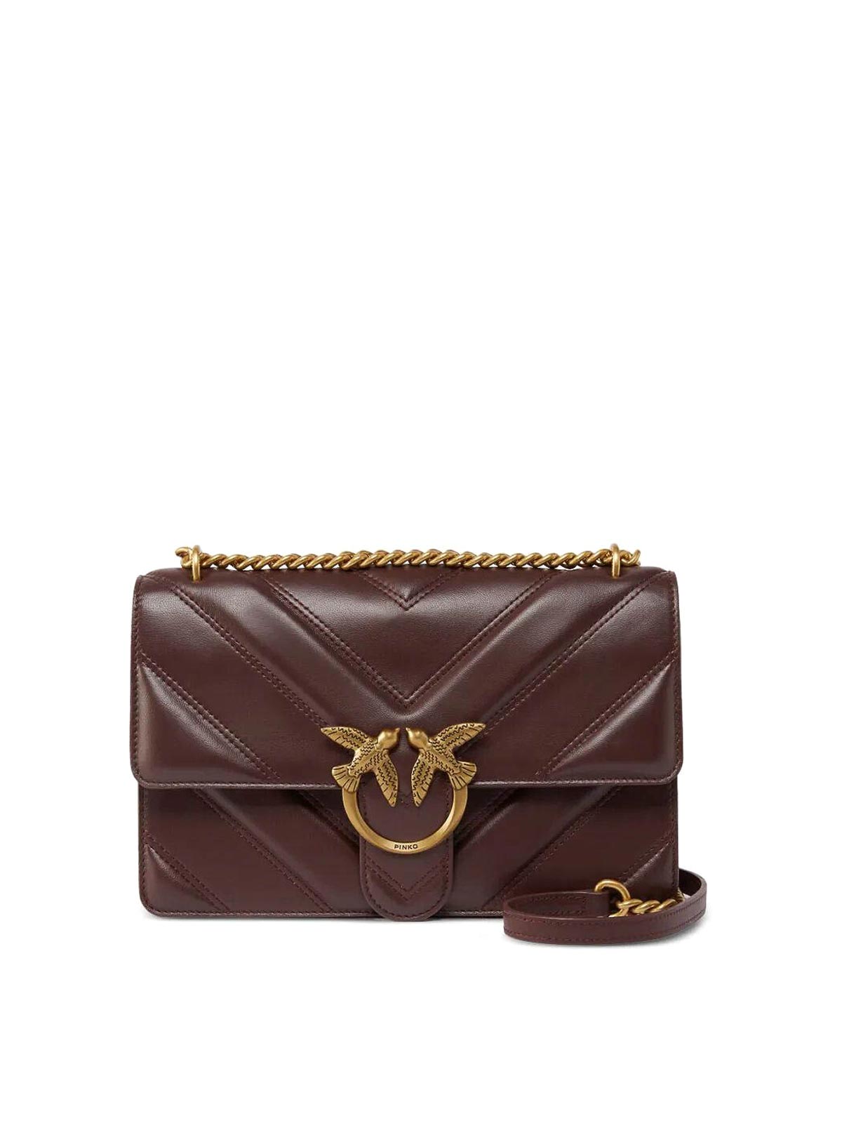 Pinko Bordeaux Leather Shoulder Bag With Chevron Design In Red