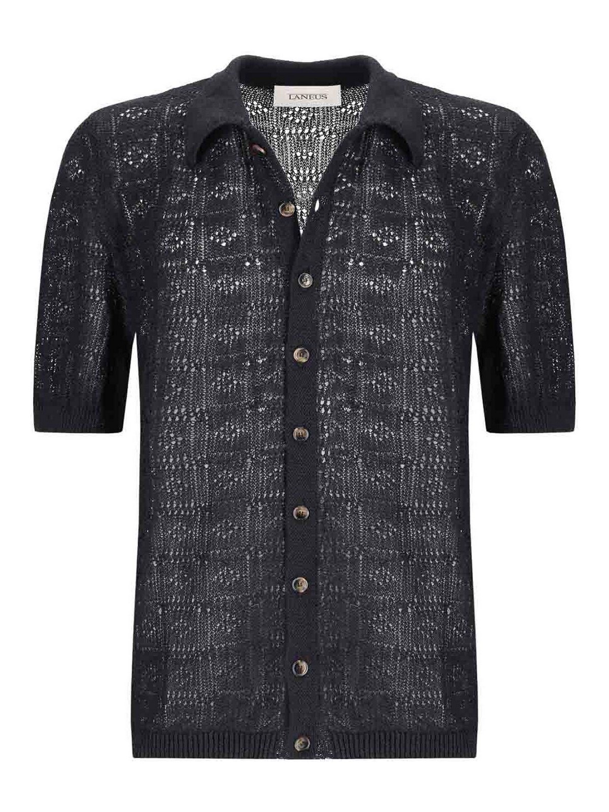 Laneus Black Linen Knit Polo Shirt