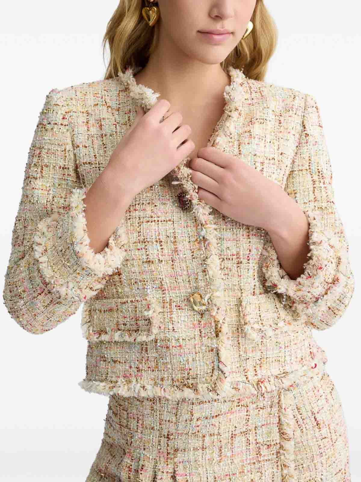 LIU •JO BEIGE WOVEN BLAZER WITH JEWELED BUTTONS 