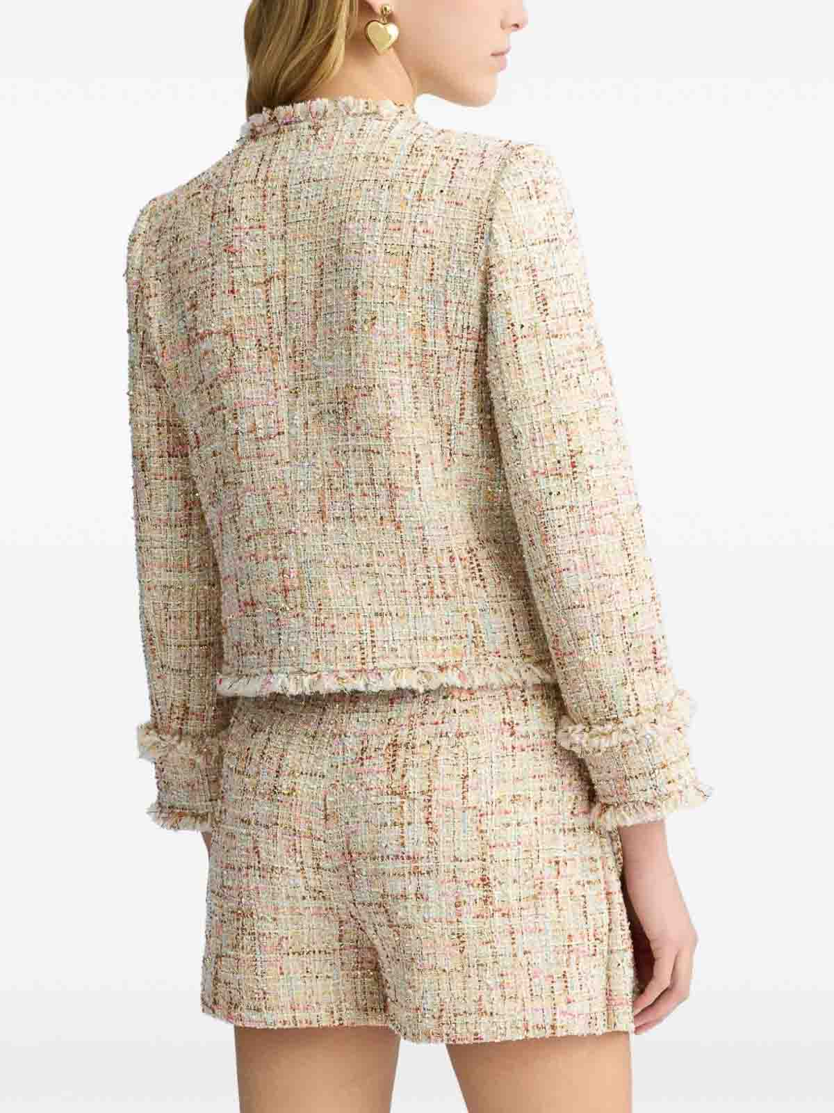 LIU •JO BEIGE WOVEN BLAZER WITH JEWELED BUTTONS 