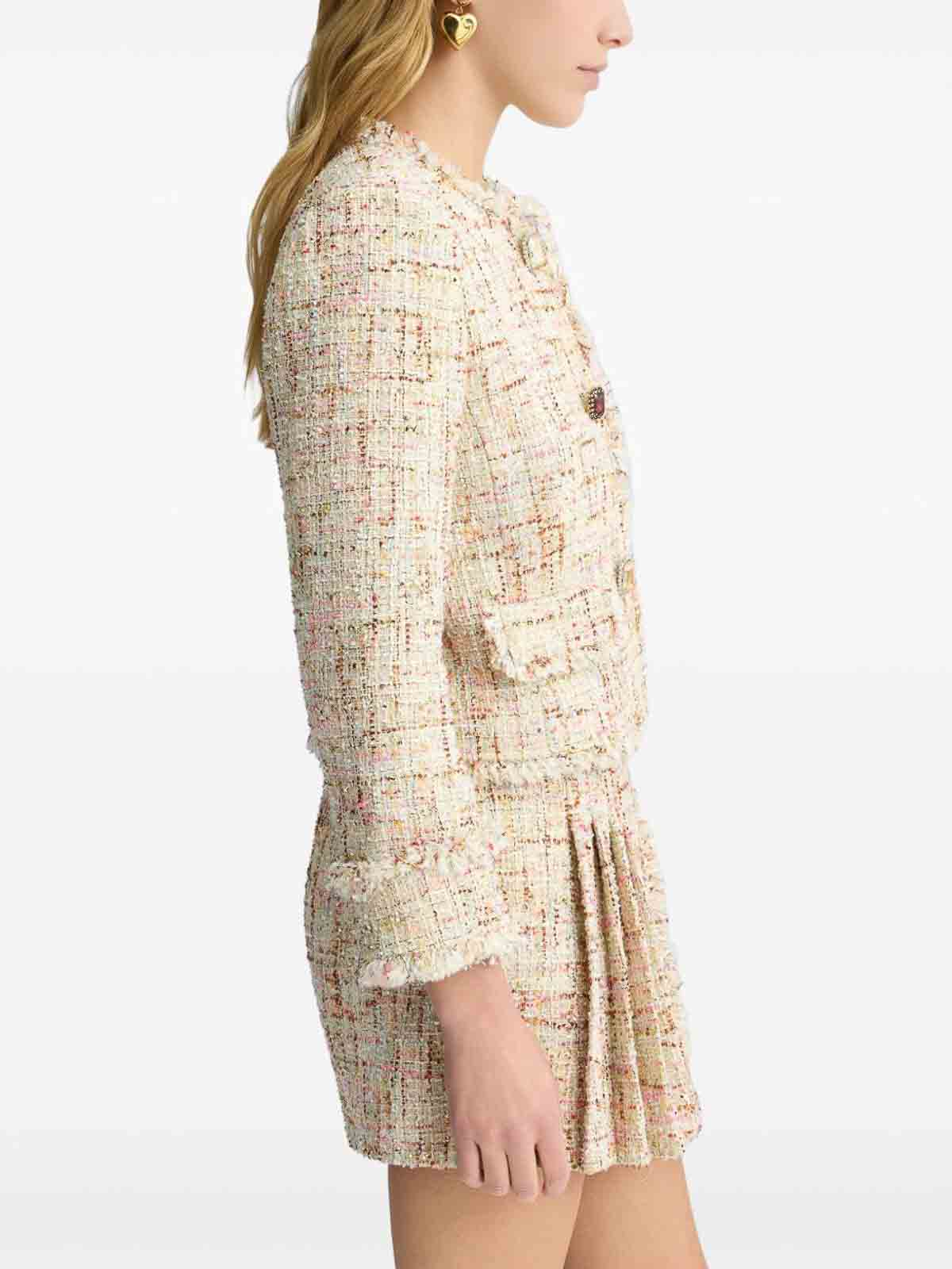 LIU •JO BEIGE WOVEN BLAZER WITH JEWELED BUTTONS 