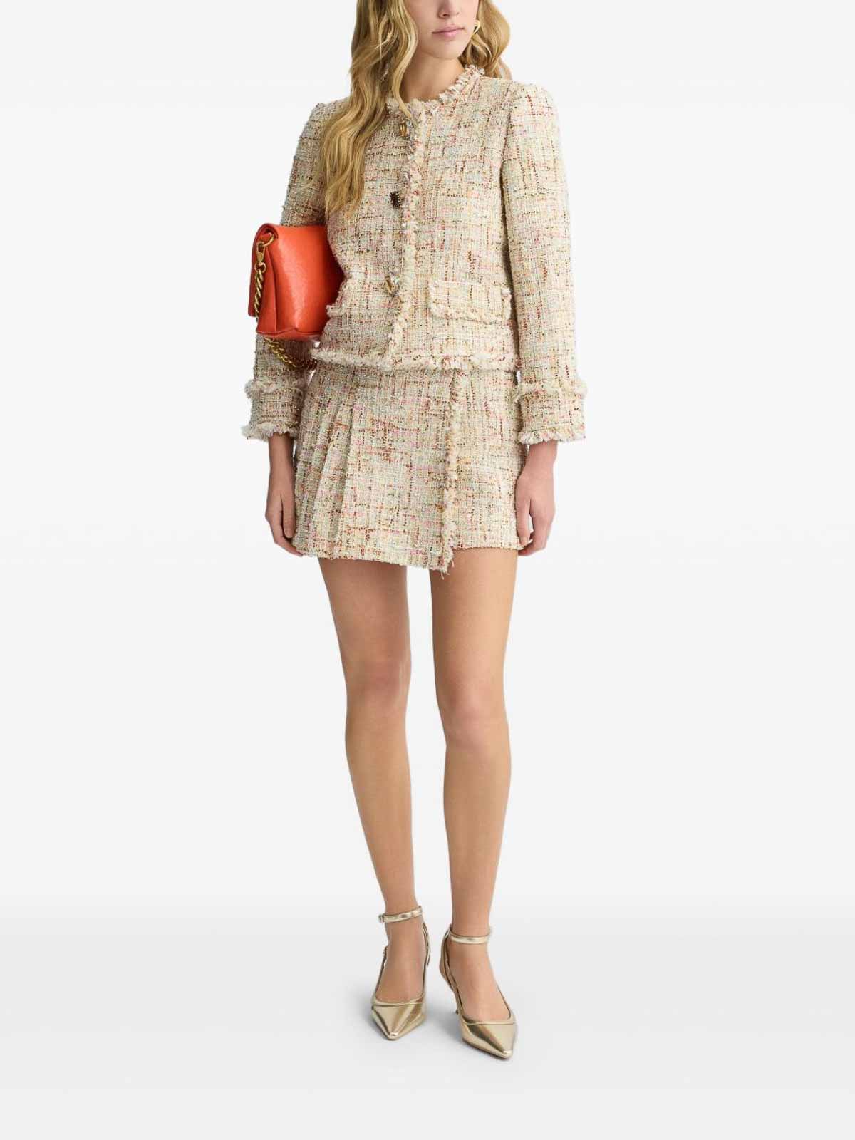 Shop Liu •jo Beige Woven Blazer With Jeweled Buttons