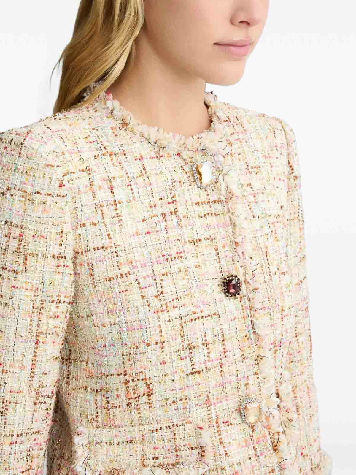 Shop Liu •jo Beige Woven Blazer With Jeweled Buttons