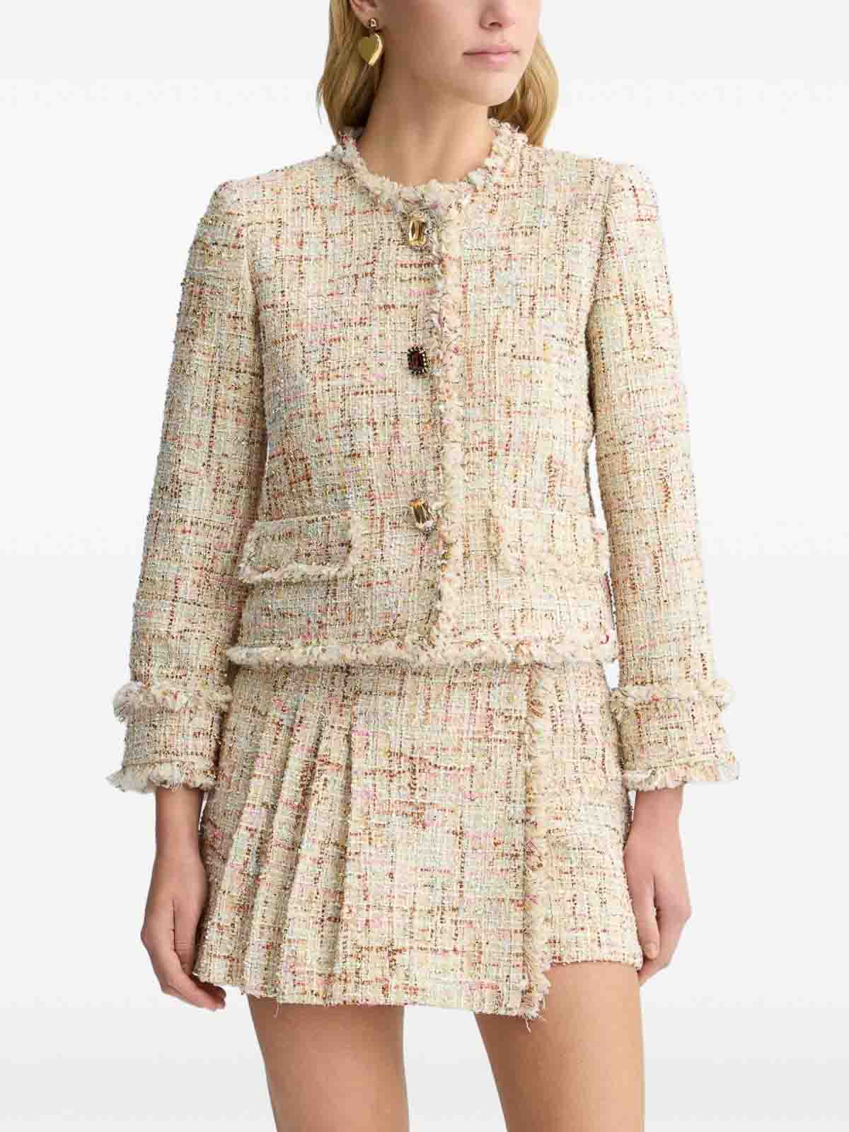 LIU •JO BEIGE WOVEN BLAZER WITH JEWELED BUTTONS 