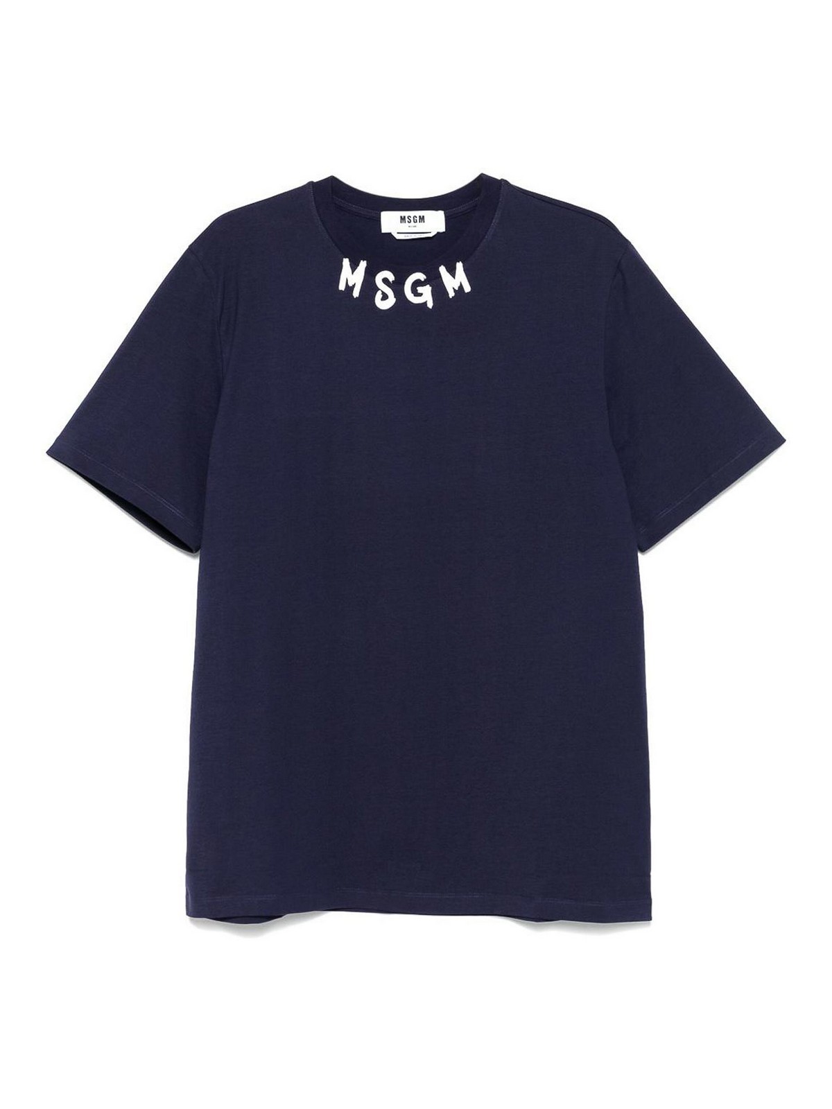 Msgm Blue Crewneck T-shirt With Logo Lettering On The Neck