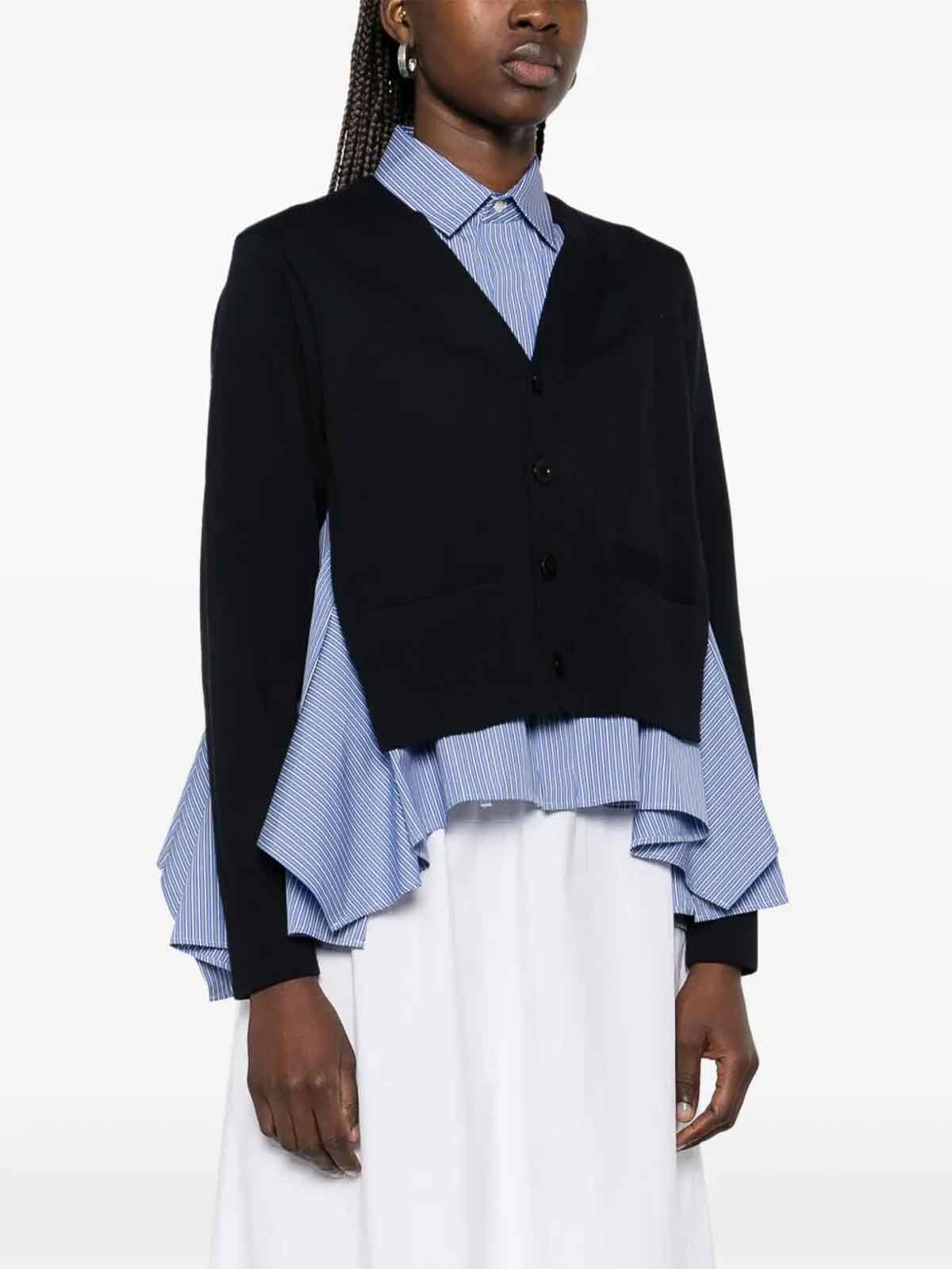 Sacai Cotton Poplin X Knit Cardigan In Blue
