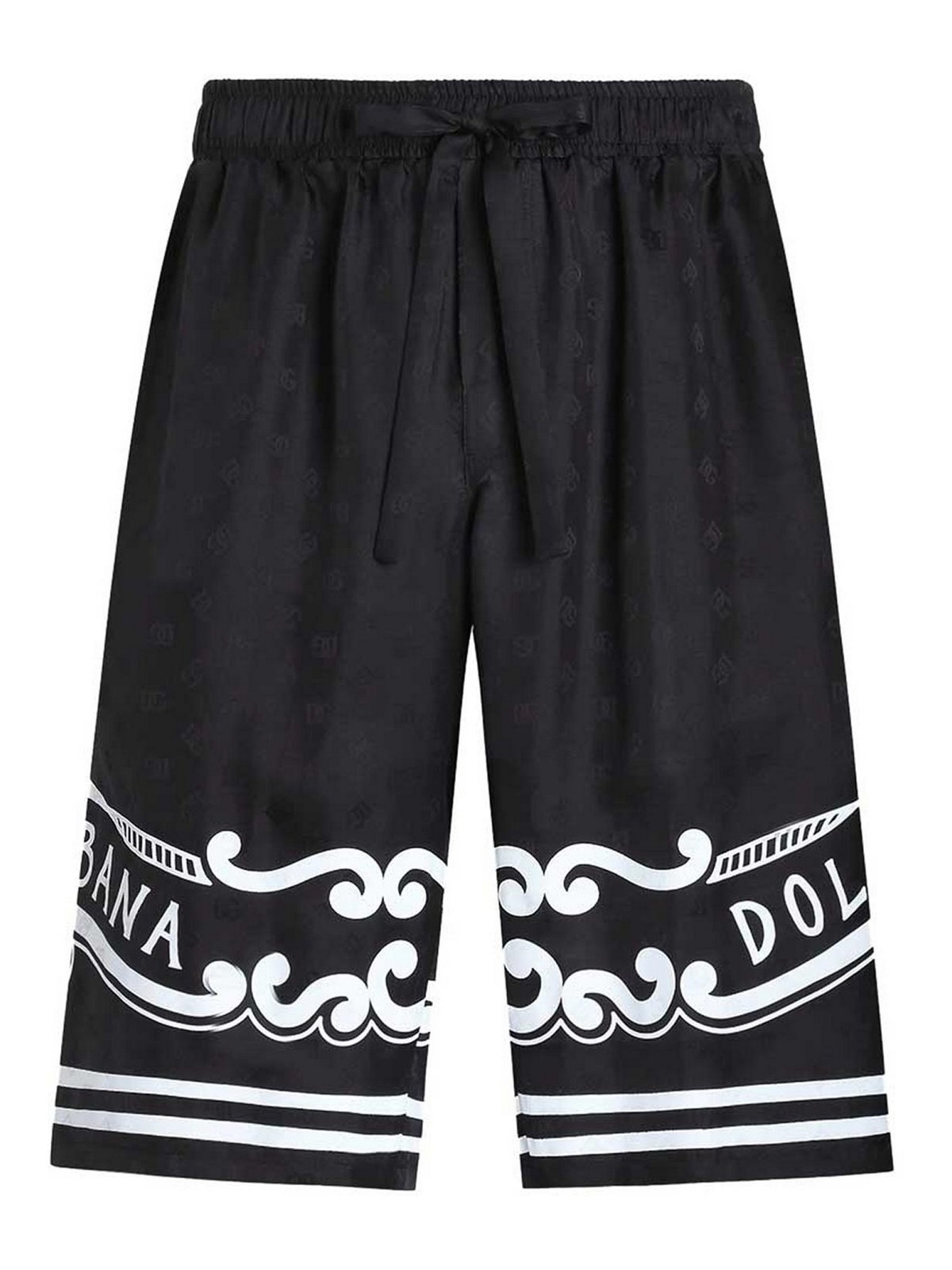 Dolce & Gabbana Black Bermuda Pants With Drawstring Elastic Waist And Maxi Print In Silk Man In Black