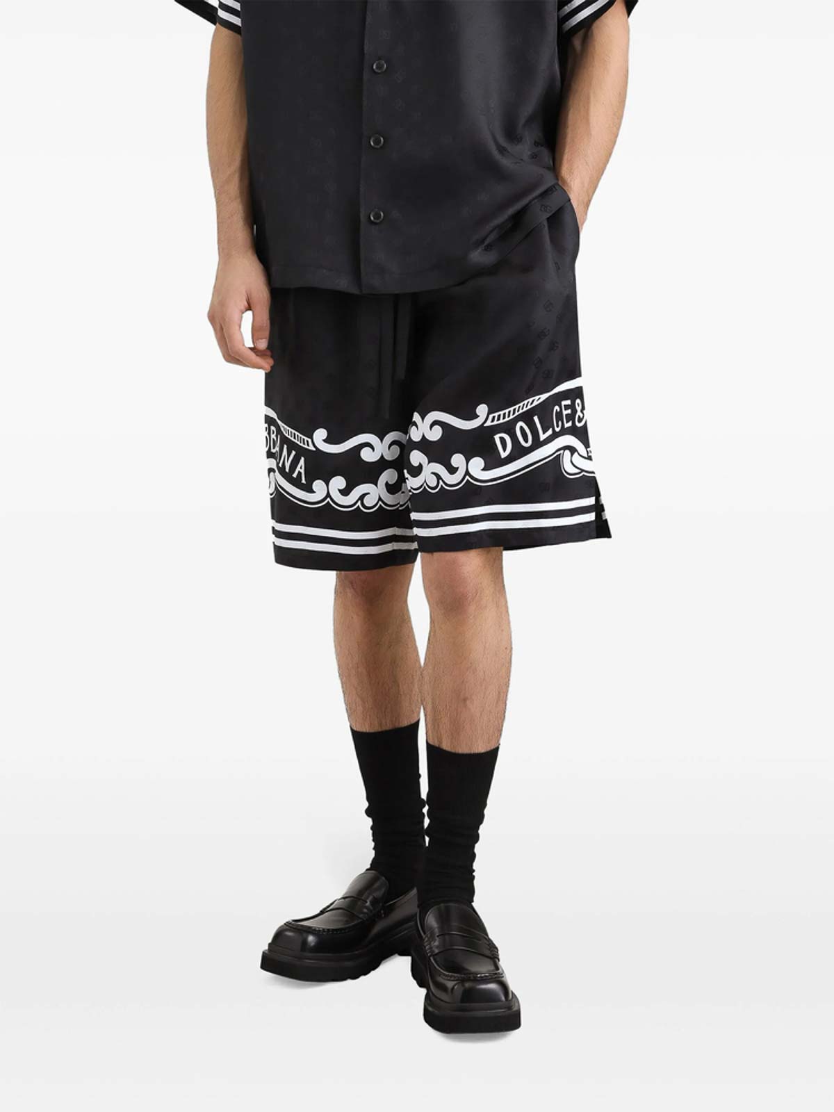 Dolce & Gabbana Black Bermuda Pants With Drawstring Elastic Waist And Maxi Print In Silk Man In Black