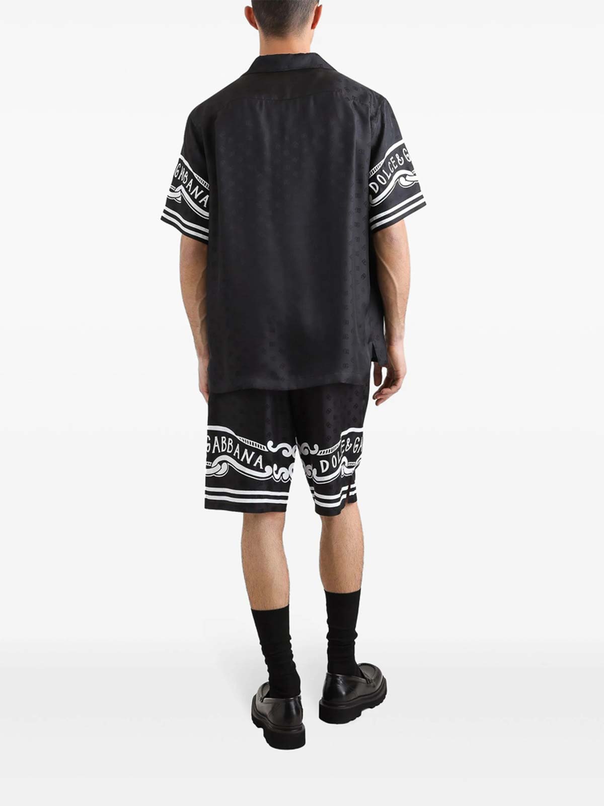 Dolce & Gabbana Black Bermuda Pants With Drawstring Elastic Waist And Maxi Print In Silk Man In Black