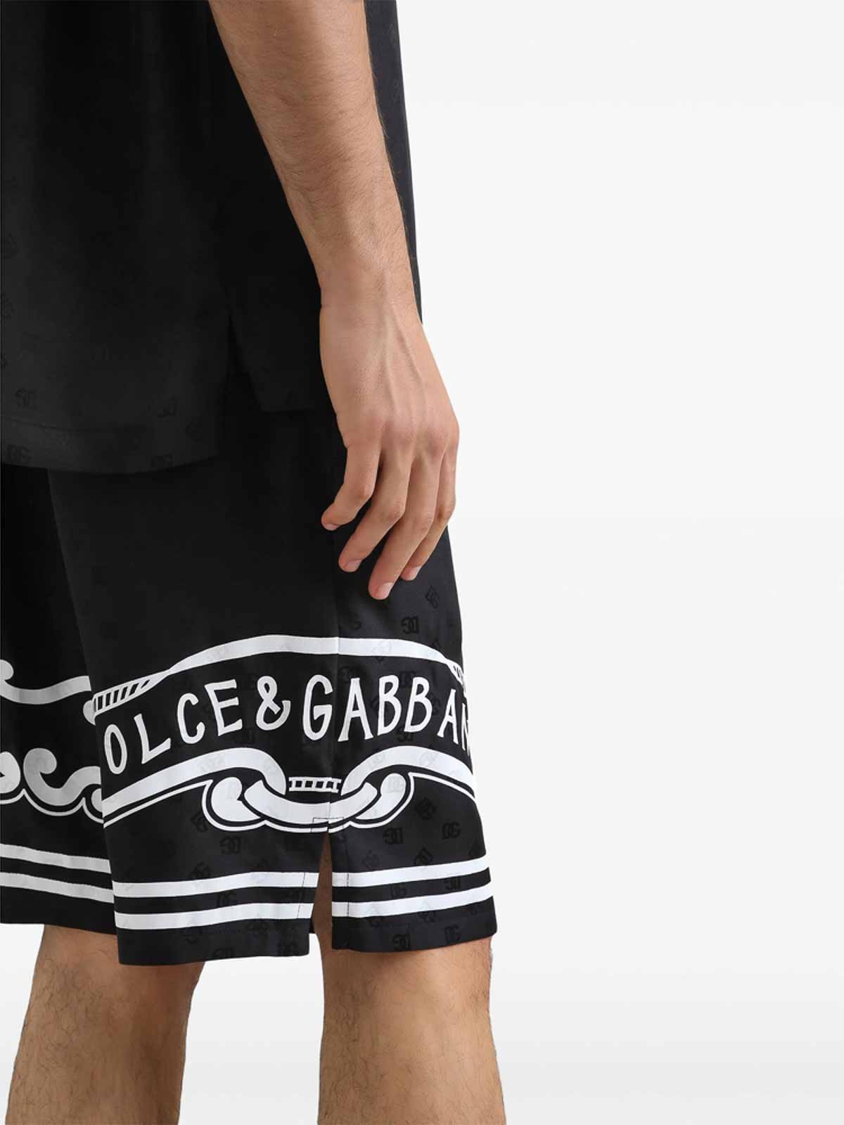 Dolce & Gabbana Black Bermuda Pants With Drawstring Elastic Waist And Maxi Print In Silk Man In Black