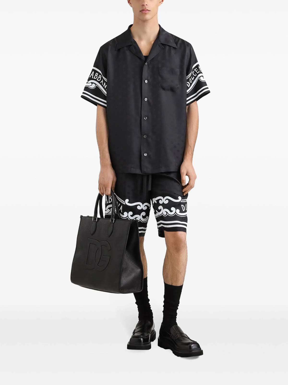 Dolce & Gabbana Black Bermuda Pants With Drawstring Elastic Waist And Maxi Print In Silk Man In Black
