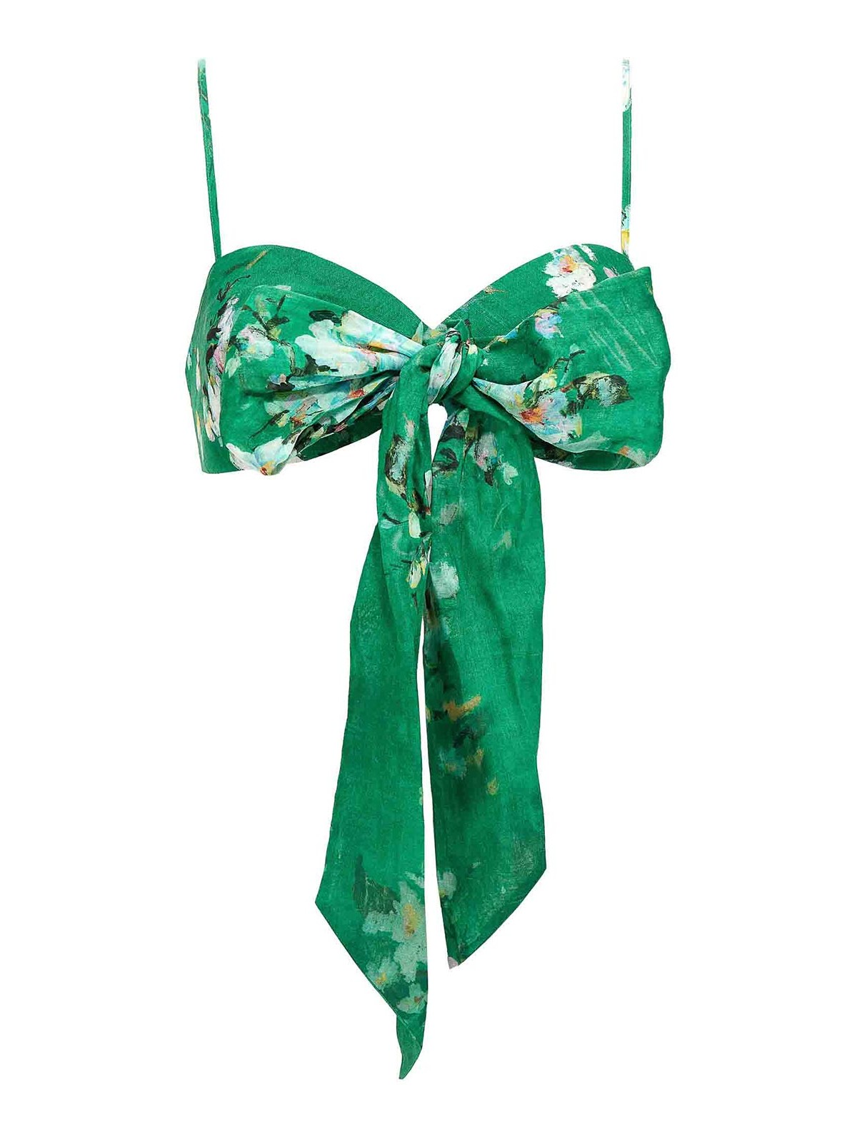 Zimmermann Everley Cropped Bow-detailed Pleated Floral-print Ramie Top In Green
