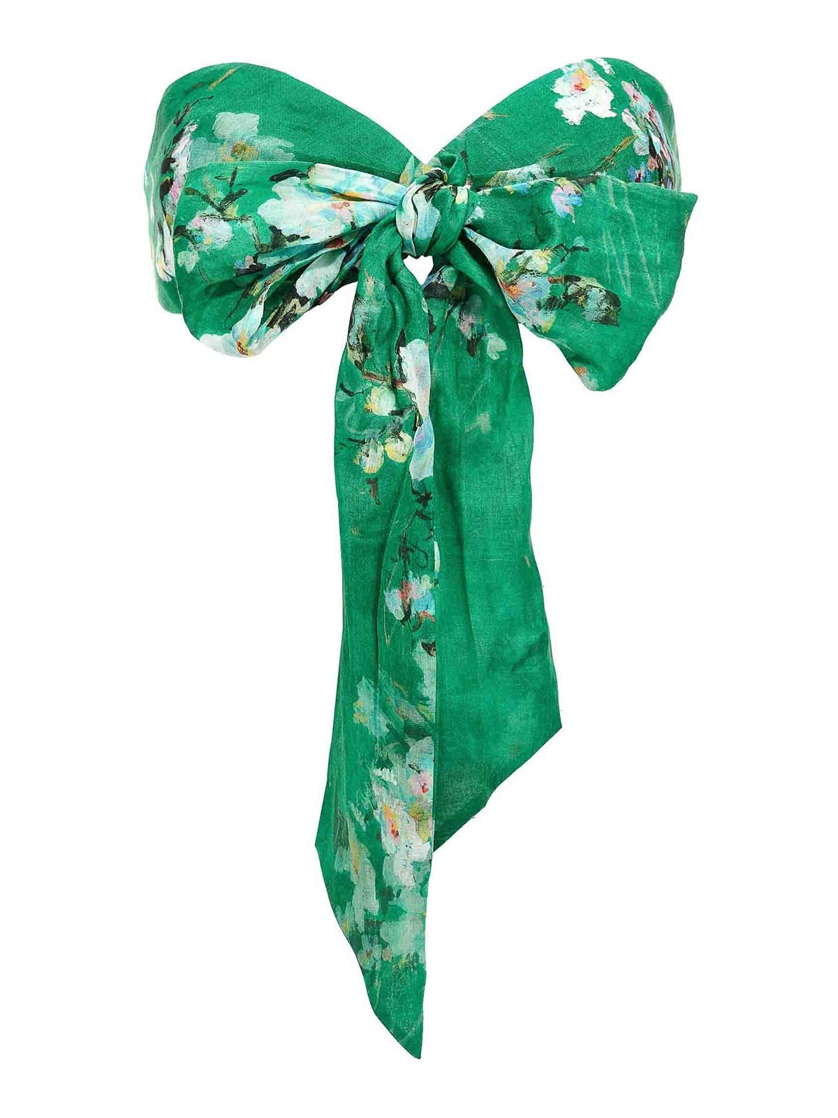 Zimmermann Everley Cropped Bow-detailed Pleated Floral-print Ramie Top In Green