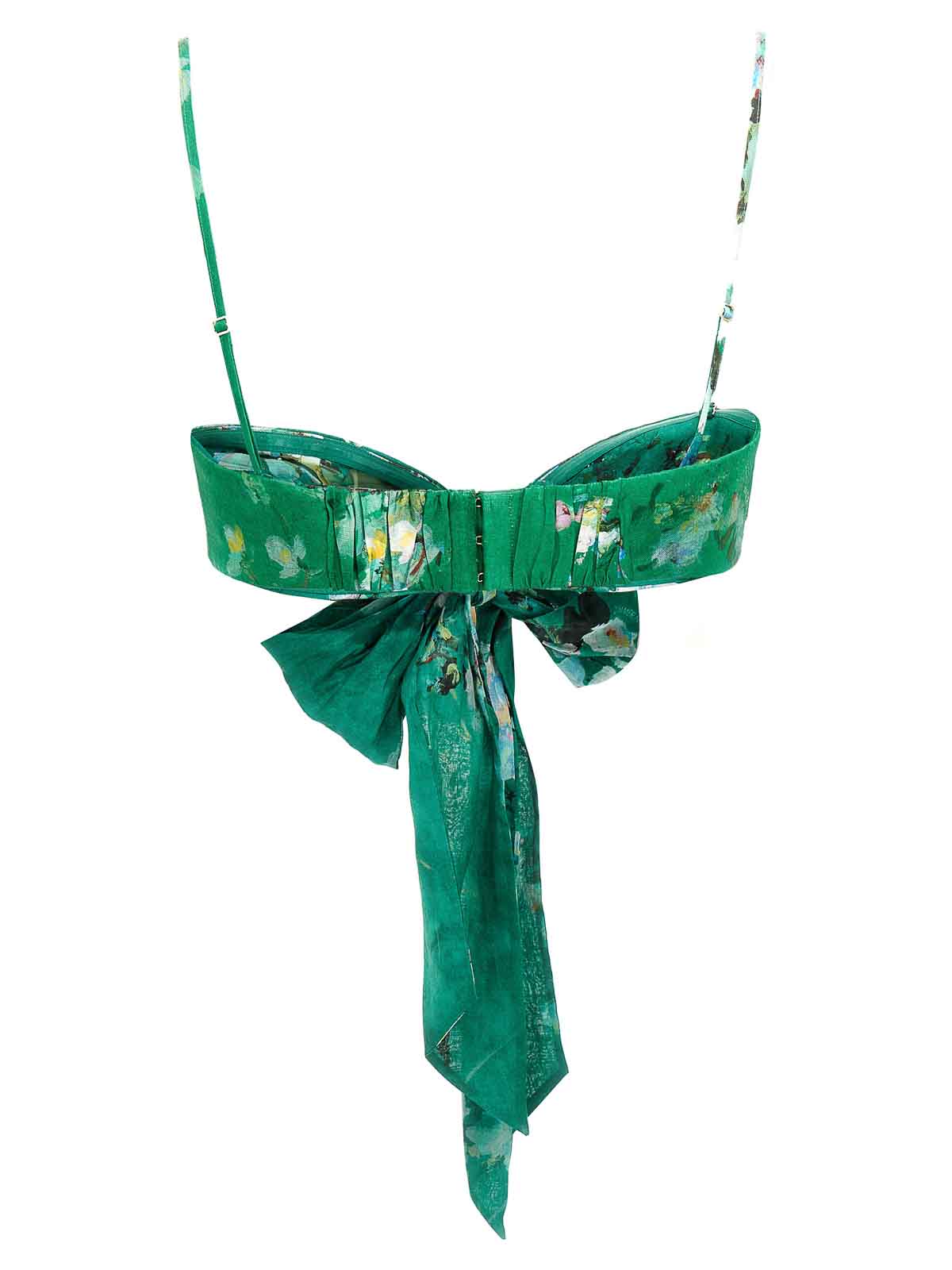 Zimmermann Everley Cropped Bow-detailed Pleated Floral-print Ramie Top In Green