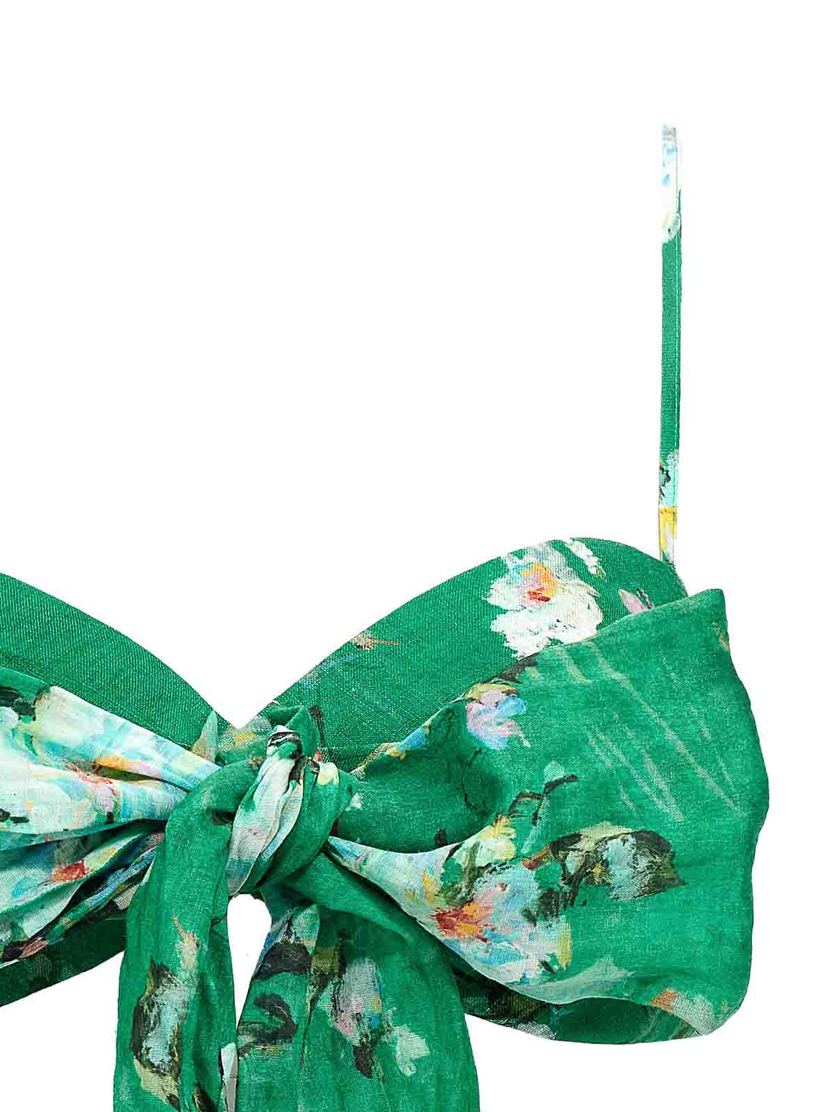 Zimmermann Everley Cropped Bow-detailed Pleated Floral-print Ramie Top In Green