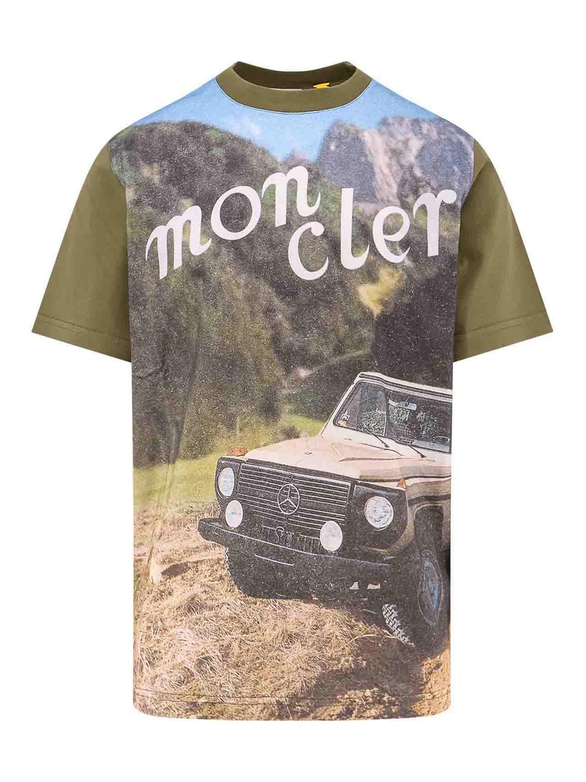 Moncler Turquoise Short Sleeve Tee Featuring Iconic Mercedes-benz Print In Multi