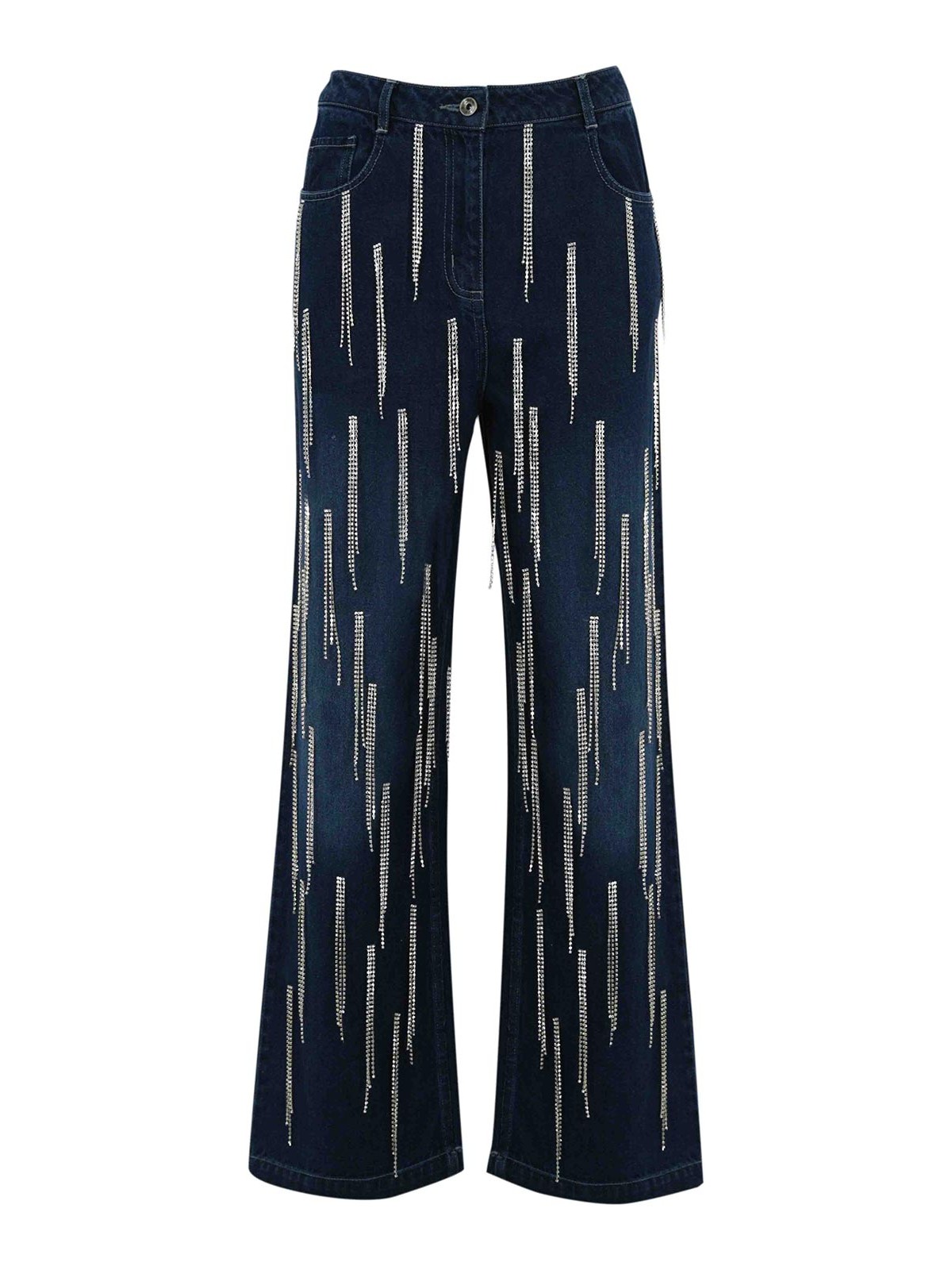 Patrizia Pepe Denim Trousers With Hanging Rhinestones In Blue