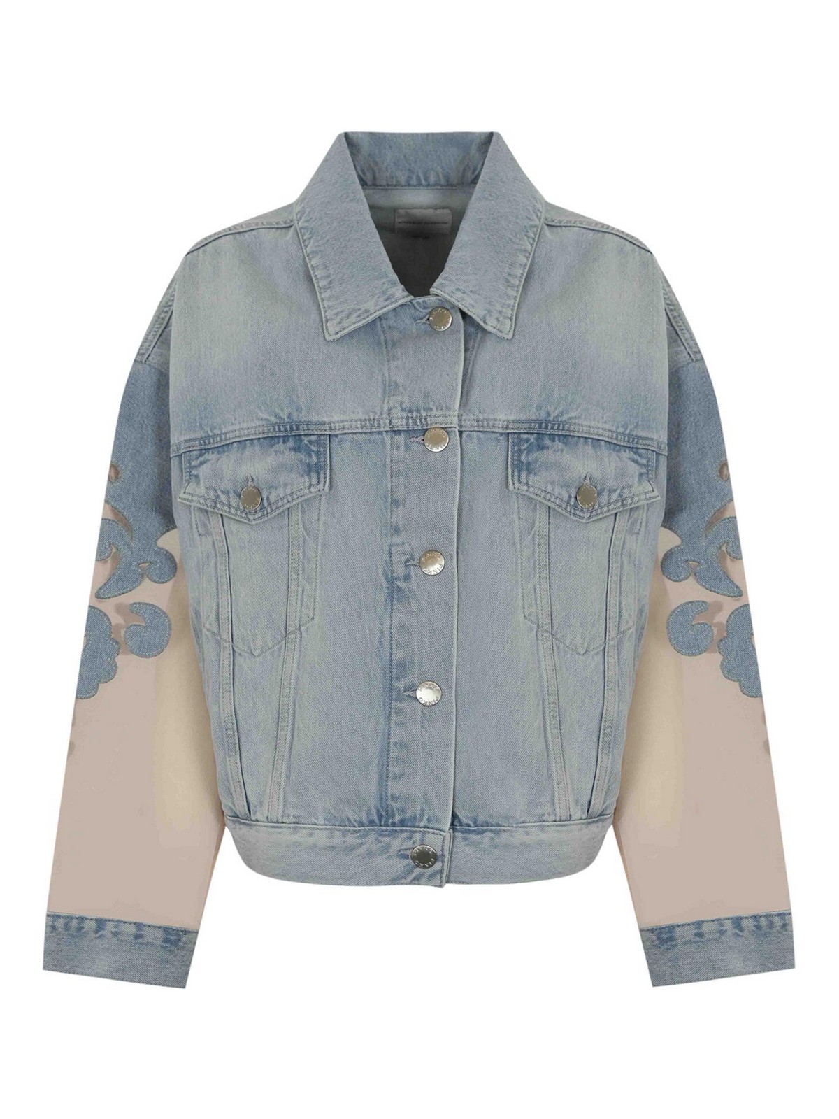 Pinko Gaborone Denim Jacket With Organza Sleeves In Blue