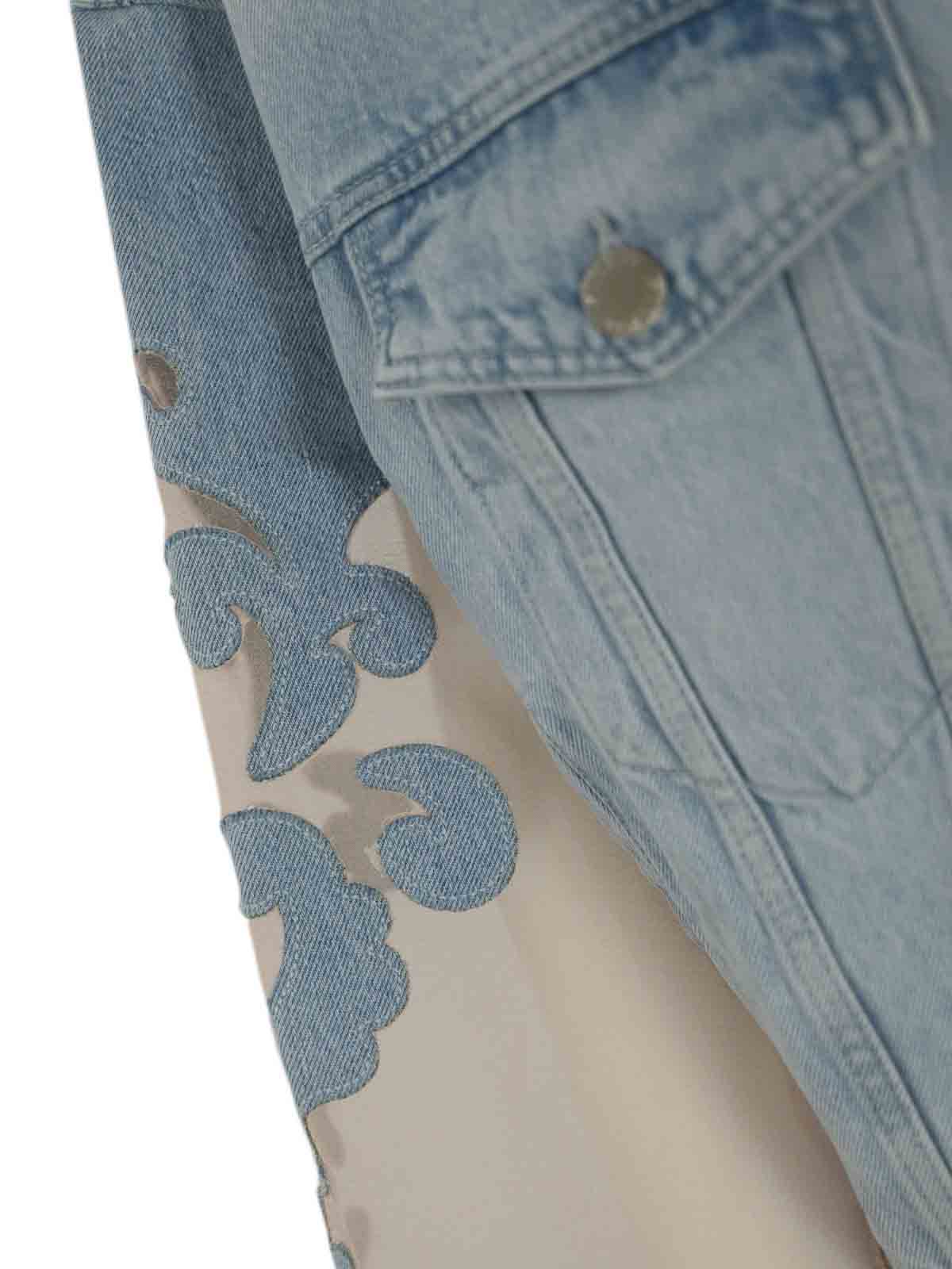 Pinko Gaborone Denim Jacket With Organza Sleeves In Blue