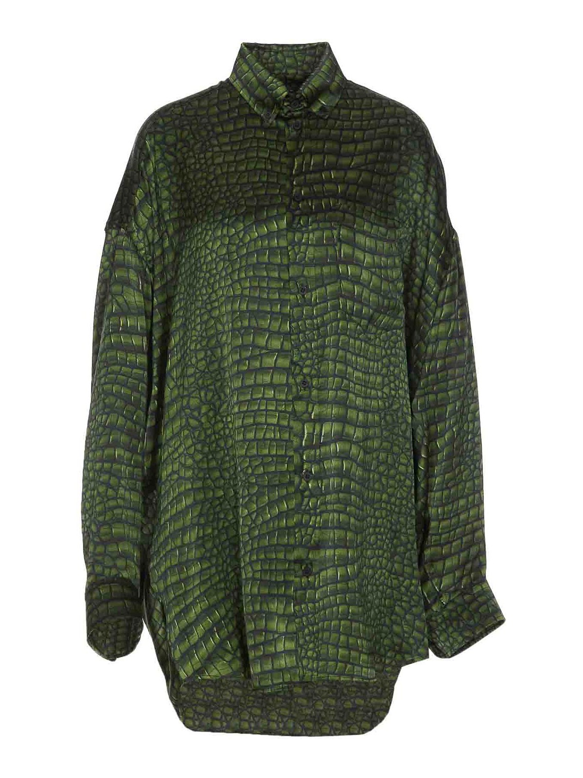 Balenciaga Crocodile Print Satin Button Down Cocoon Blouse In Green