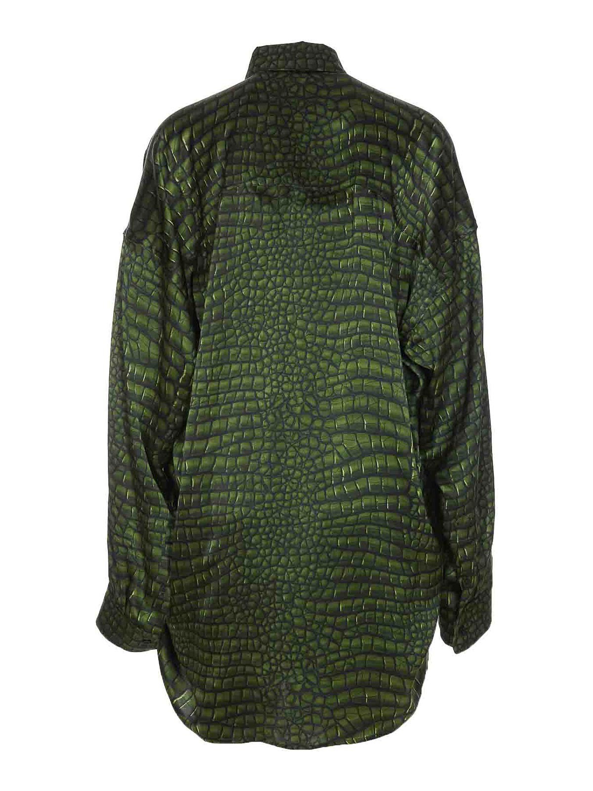 Balenciaga Crocodile Print Satin Button Down Cocoon Blouse In Green