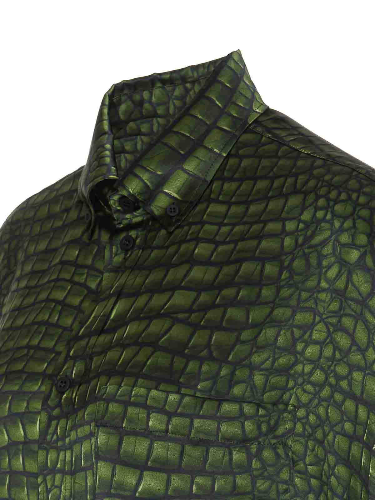 Balenciaga Crocodile Print Satin Button Down Cocoon Blouse In Green