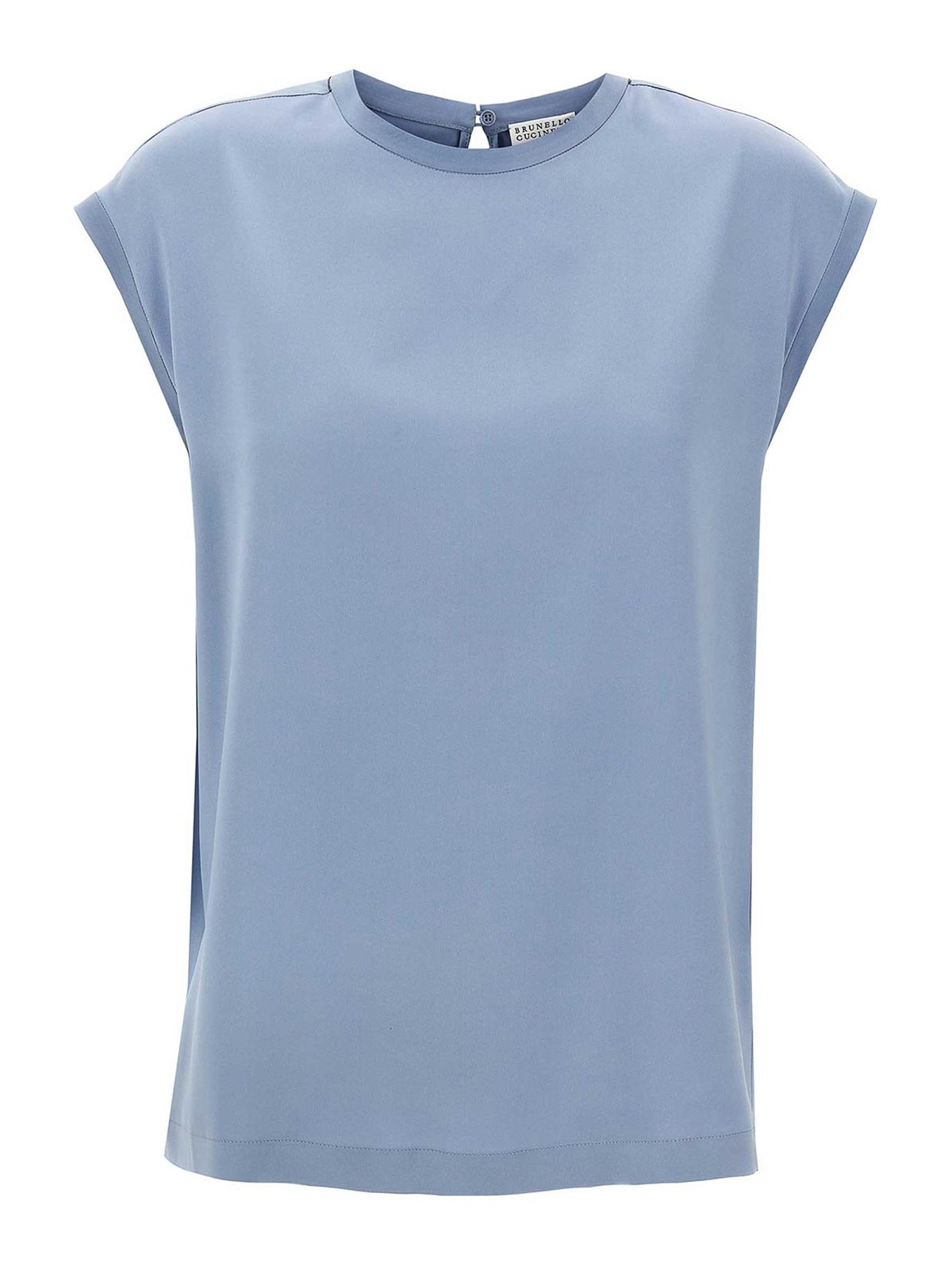 Brunello Cucinelli Silk Cap Sleeve T-shirt With Keyhole Back In Blue