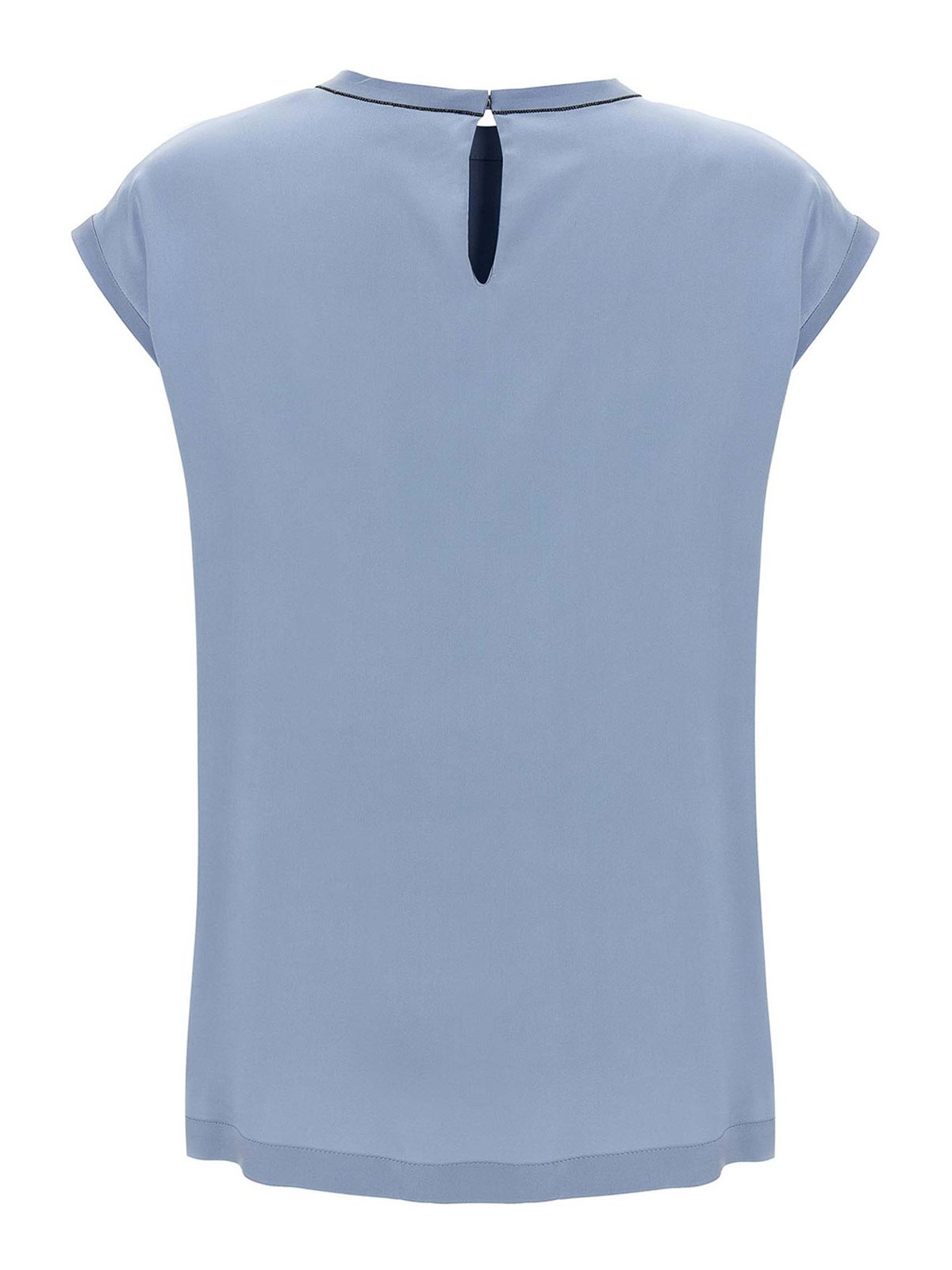 Brunello Cucinelli Silk Cap Sleeve T-shirt With Keyhole Back In Blue