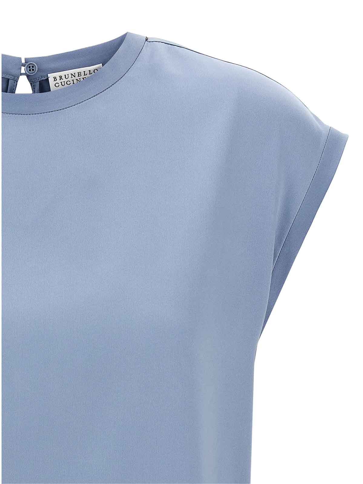 Brunello Cucinelli Silk Cap Sleeve T-shirt With Keyhole Back In Blue
