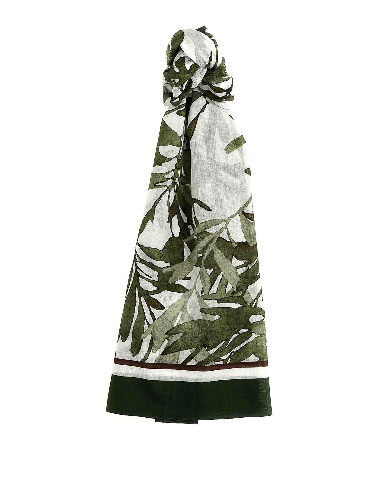 Brunello Cucinelli 'botanical Leaf Print Sheer Scarf' In Green