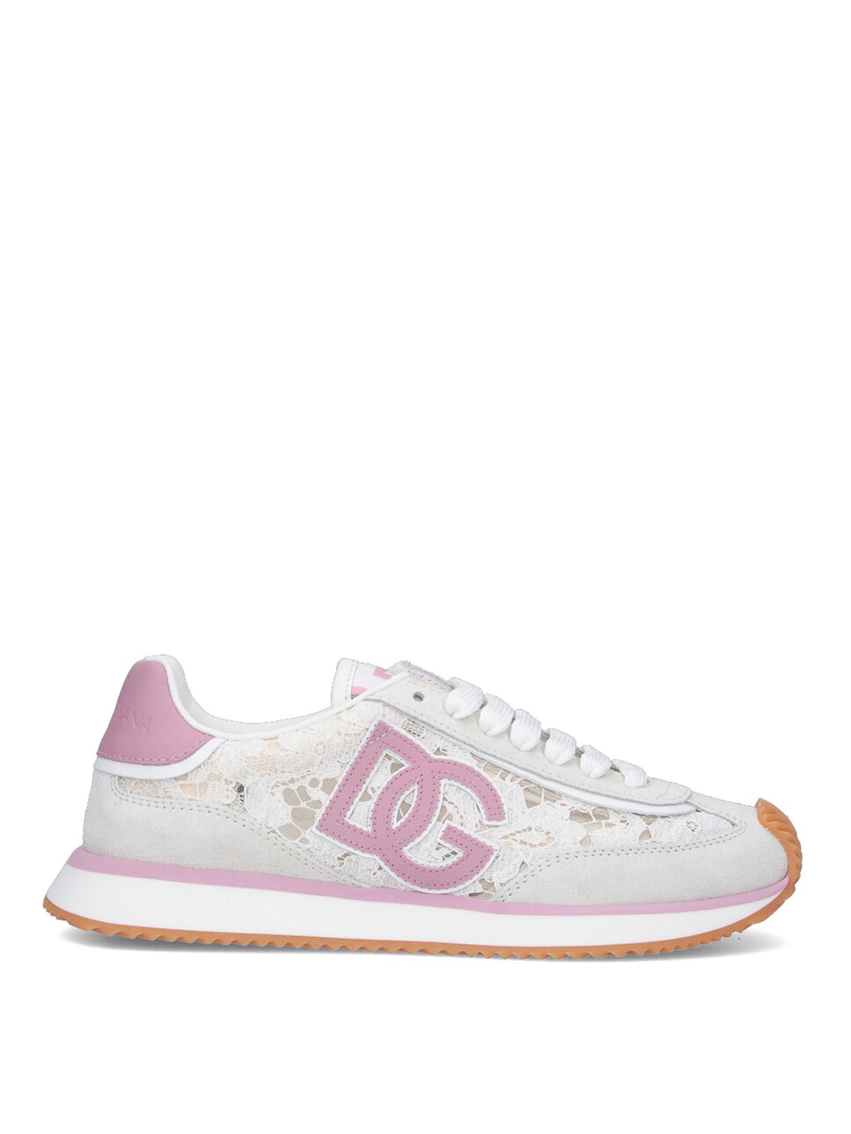 Dolce & Gabbana White Low Top With Lace Details And Dg Patch On The Side In Fabric And Suede Blend Woman In Multi