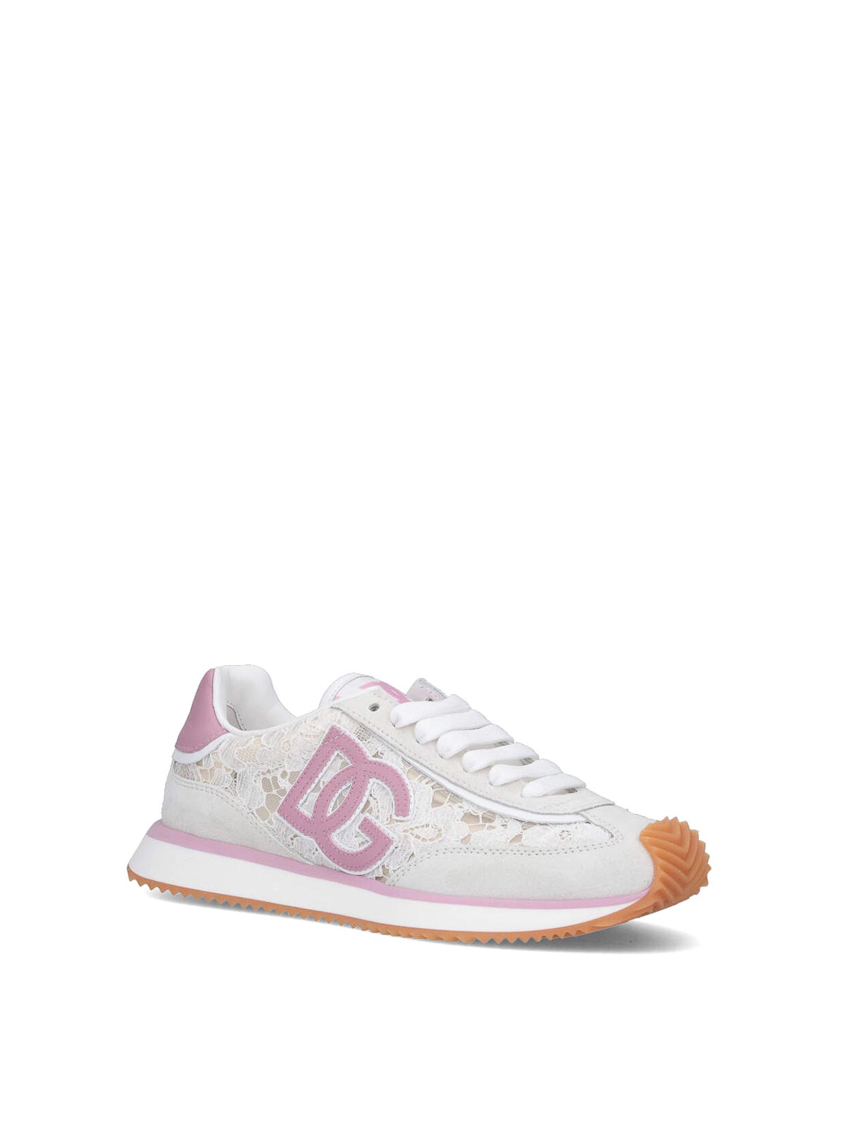 Dolce & Gabbana White Low Top With Lace Details And Dg Patch On The Side In Fabric And Suede Blend Woman In Multi