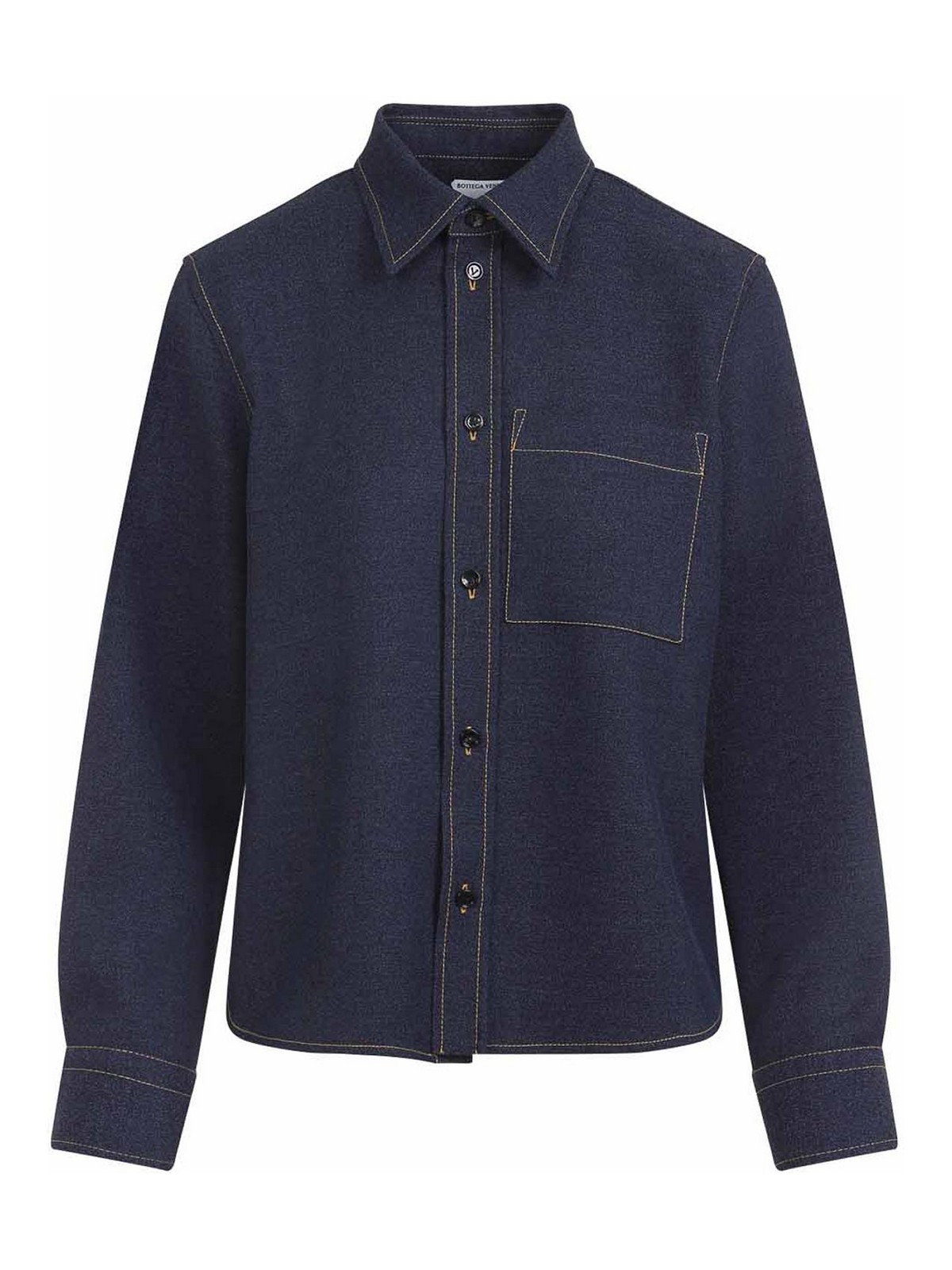 Bottega Veneta Wool Drill Shirt With Yellow Stitching In Blue