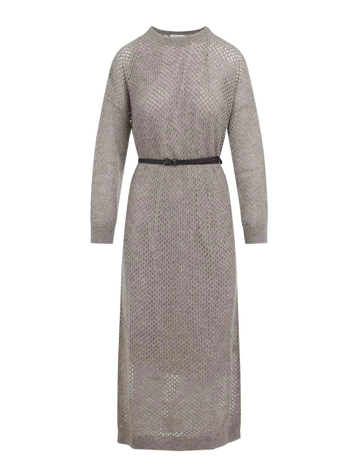 Brunello Cucinelli Long Fitted Dress With Textured Knit In Neutral