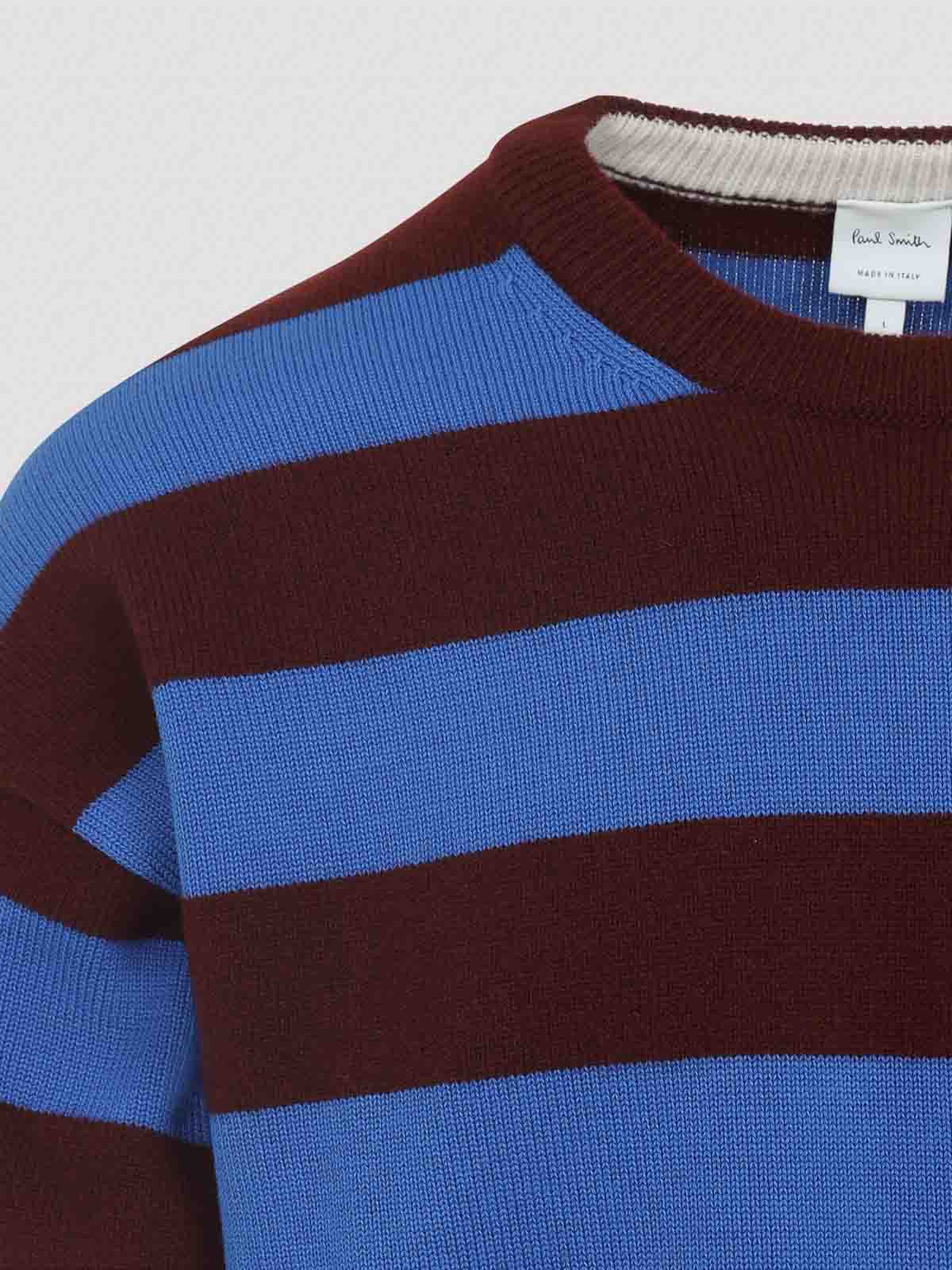 Paul Smith Lambswool Blue And Maroon Stripe Crew Neck Sweater Red In Blue
