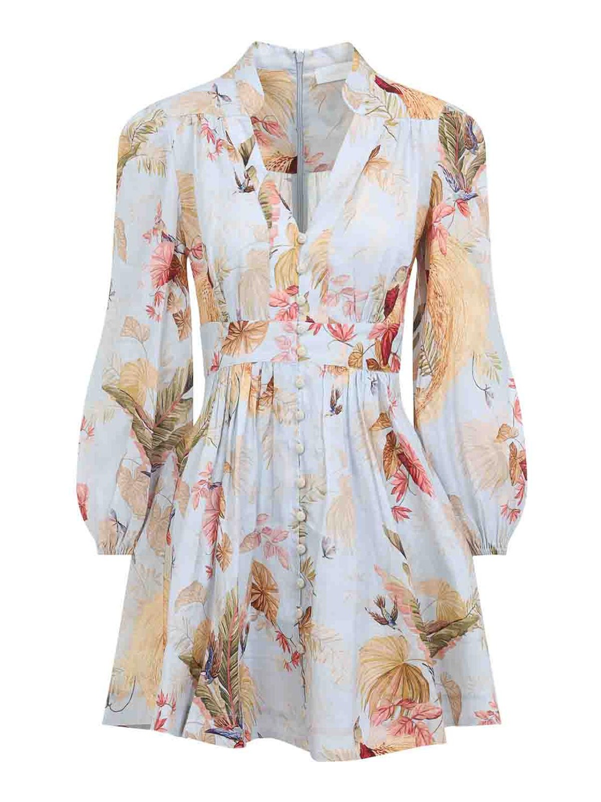 Zimmermann Ascension Light Blue Mini Dress With Flared Skirt And All-over Print In Linen Woman In Neutral